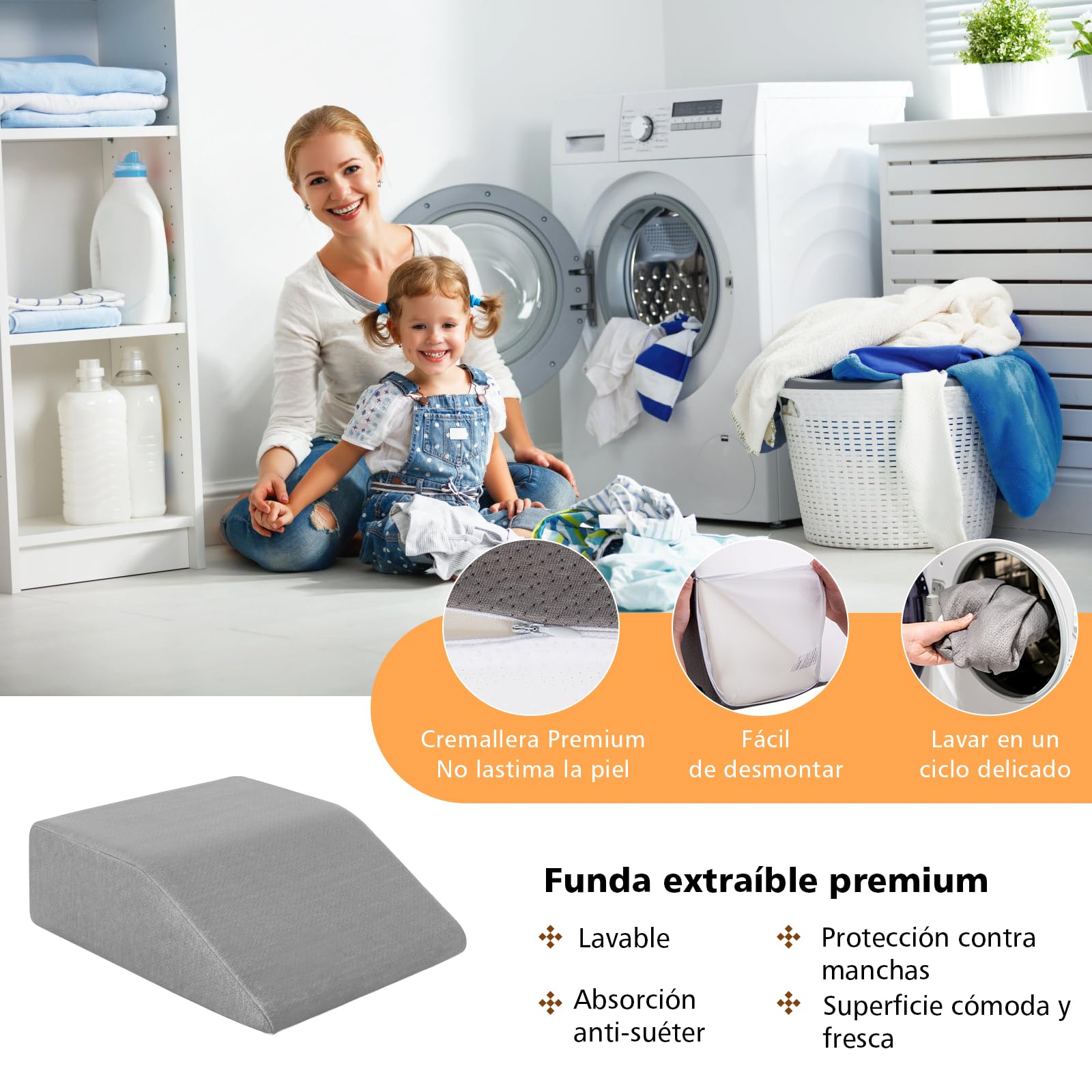 COSTWAY Cojín para Elevar Las Piernas, Almohada de cuña con 4 cm de Memoría de Forma, Revestimiento Transpirable Desmontable, Cuña en Espuma Aliviar Dolores en Las Piernas Caderas Rodillas (Gris)