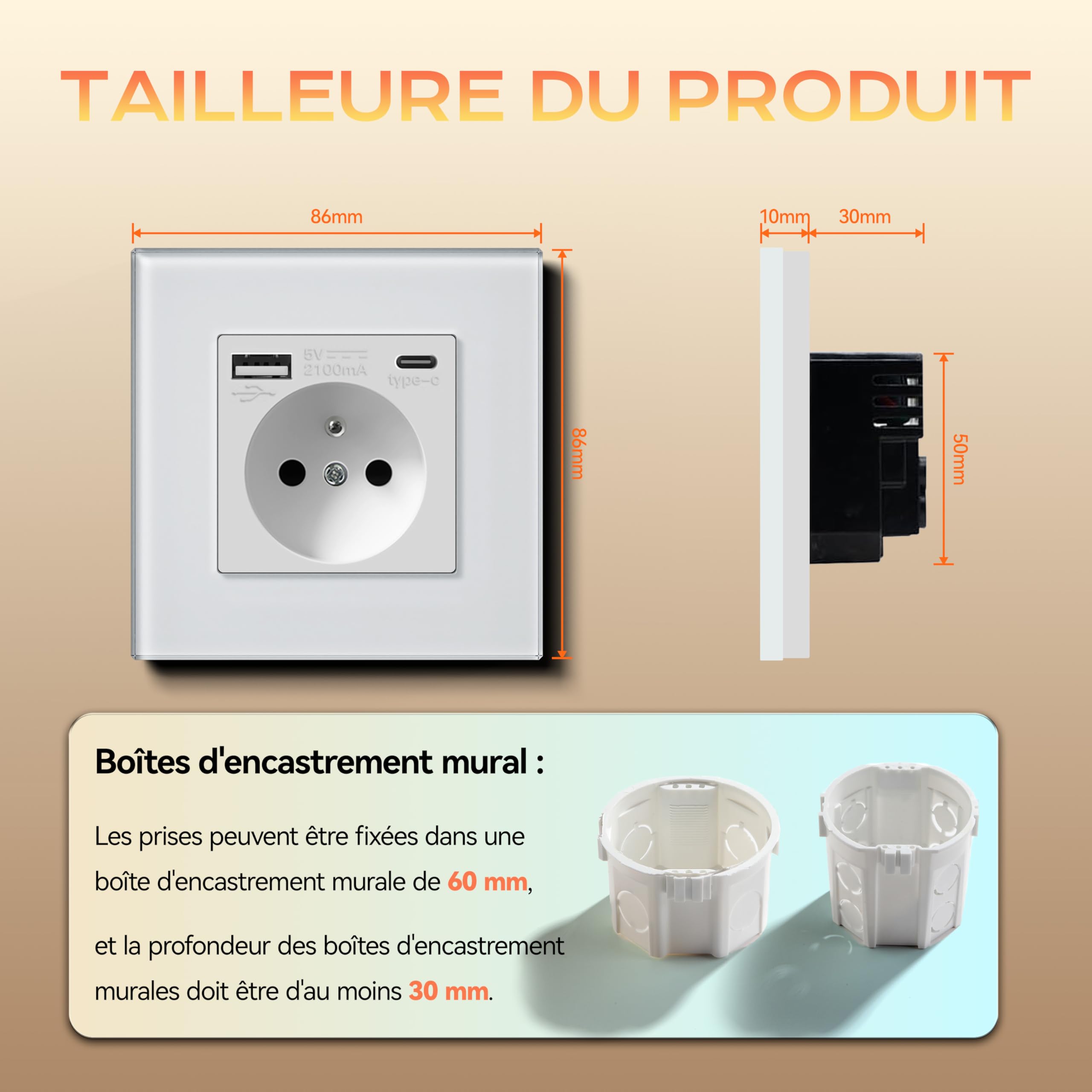BSEED Prise Murale USB C 2 Paquets, Multiprise avec USB 2.1A 16A 240V 86mm Blanc