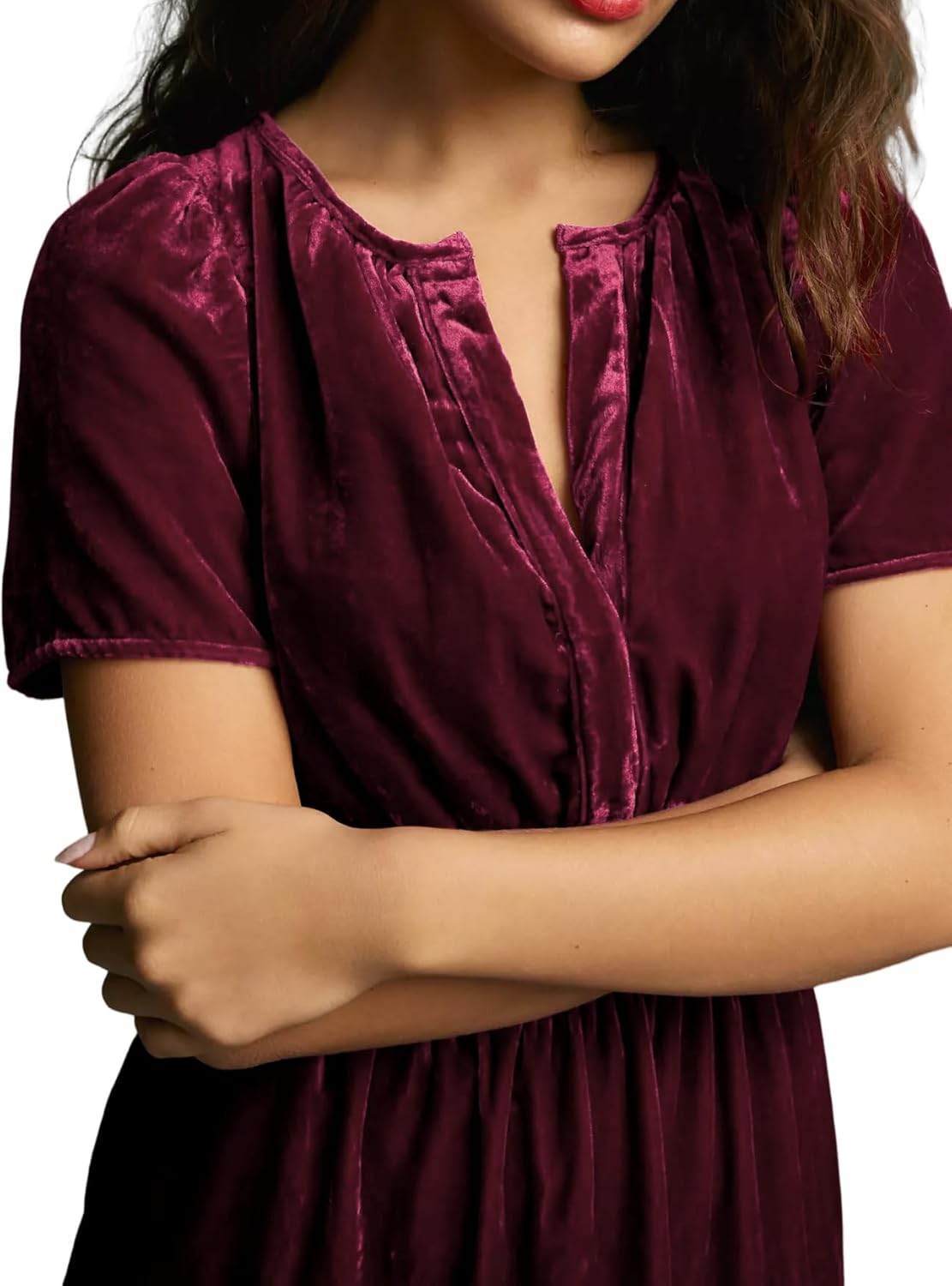 R.Vivimos Women's Fall Winter Vintage Casual Dresses Velvet Short Sleeve V Neck Elastic Waist Tiered Flowy Swing Mini Dress - Image 5