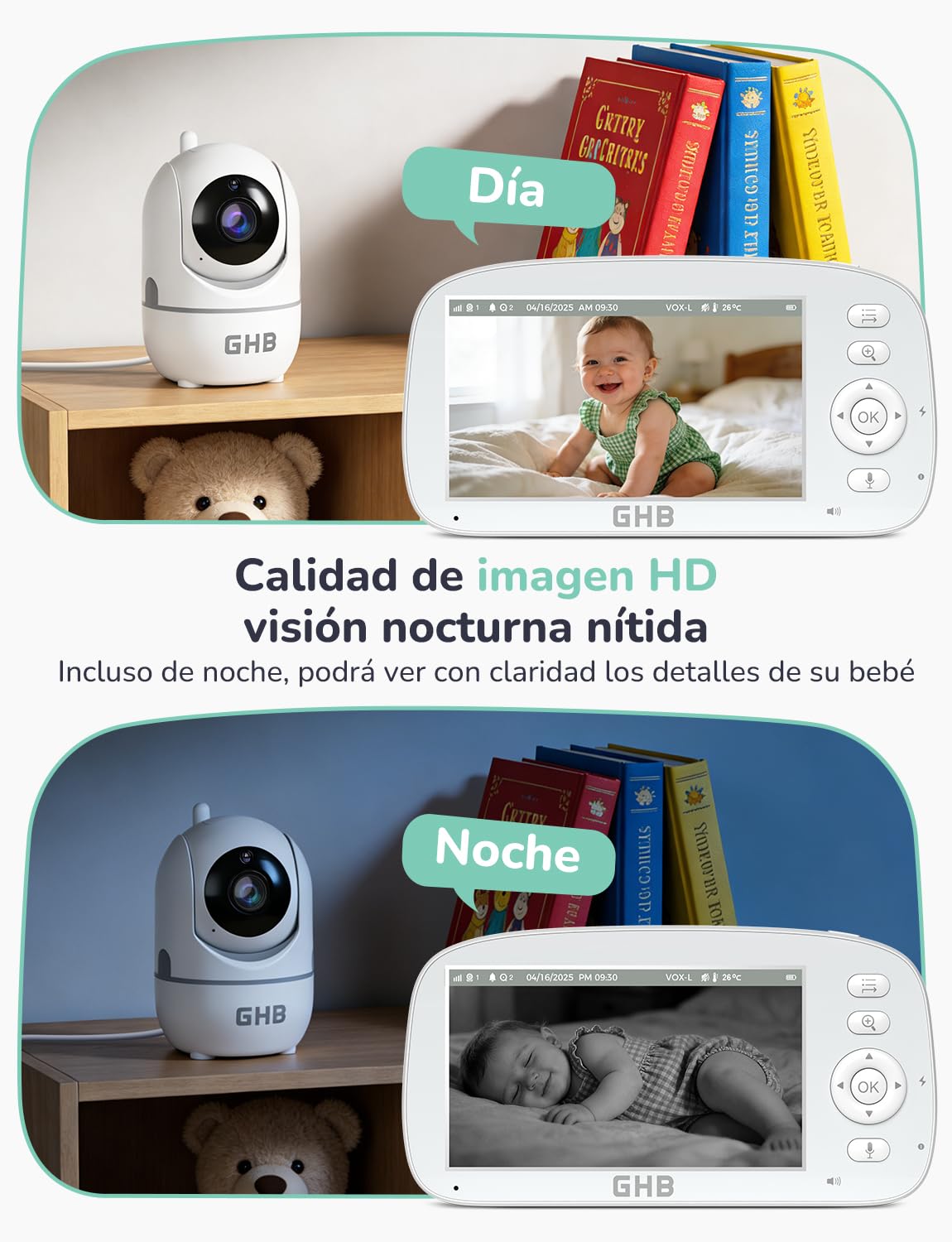 GHB Camara Vigilacia Bebe 5 Pulgadas 720P Pantalla IPS de Batería de 5000mAh Vigilabebes PTZ 350°/110° Pantalla Dividida, 4XZoom, Visión Nocturna, Comunicación Bidirecciona Escucha Bebe