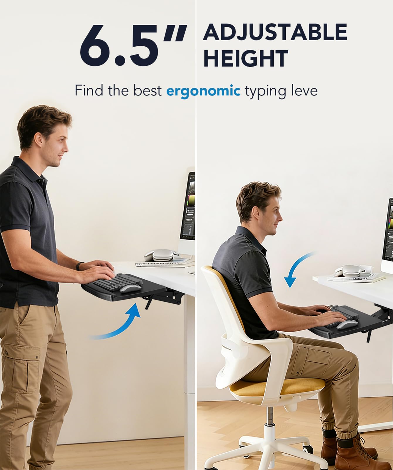 AX WABER Support pour clavier et souris sous le bureau avec tiroir de rangement, hauteur réglable, pivotant et inclinable à 360°, ergonomique, adapté au gaming et au travail de bureau, noir