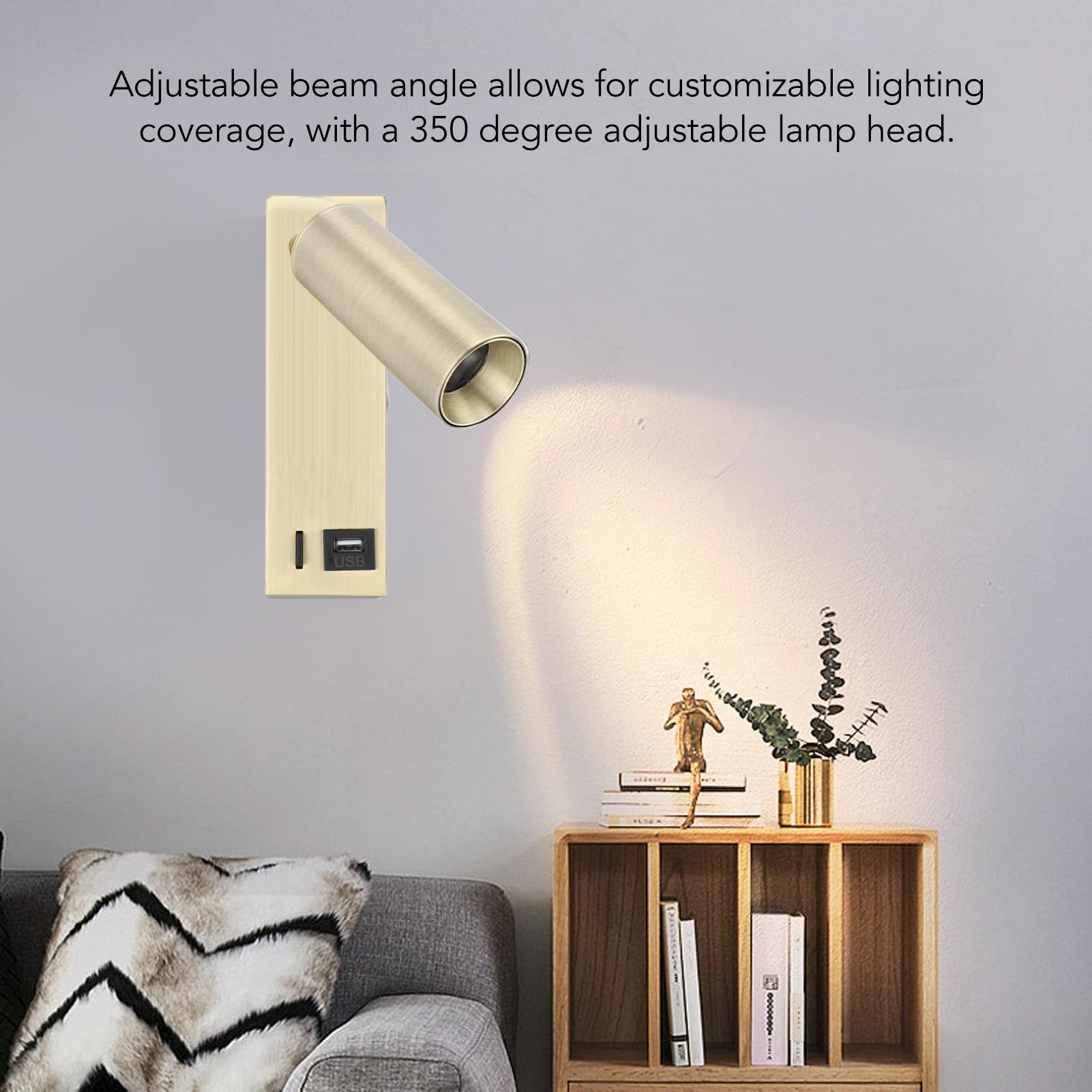 Faretto LED a parete Porta USB Angolo regolabile Look elegante Luce da comodino Camera da letto Soggiorno da 85 a 265 V