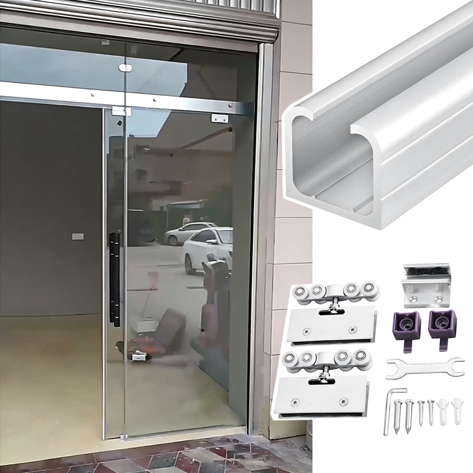 Kit Porta Scorrevole Kit Binario Scorrevole per Porta in Vetro Finitura Argento con 8 Rullini, Ferramenta per Porte a Scomparsa, Set con Binario Singolo in Alluminio per Bagno(1100mm (43.3"))