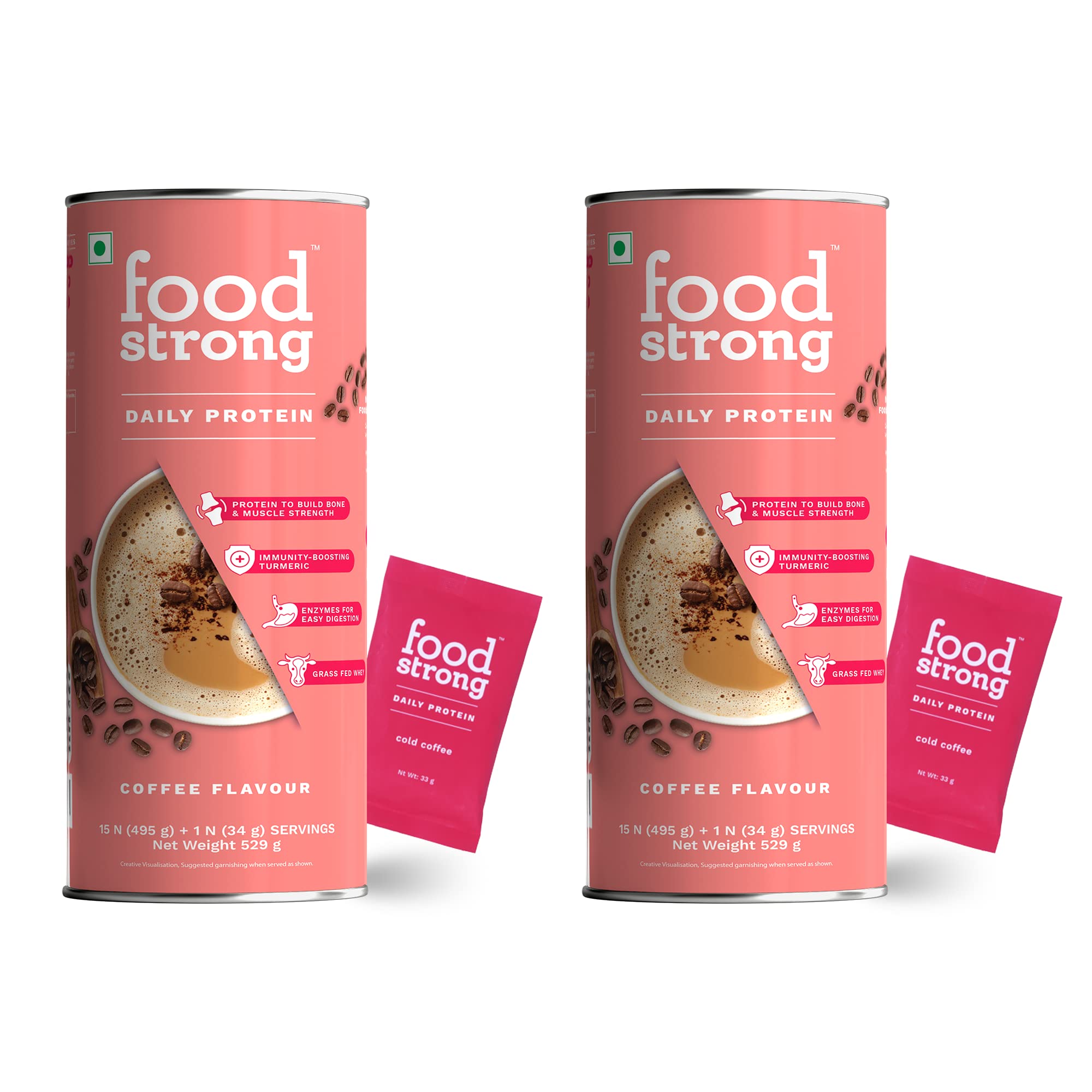 Foodstrong Whey Protein Powder (Concentrate + Isolate), 100% Hormone Free Grass-Fed Whey, 24G Protein & 6.6G BCAA, Coffee, With Turmeric & Digestive Enzymes, 16 Sachets, 560G (Pack Of 2)