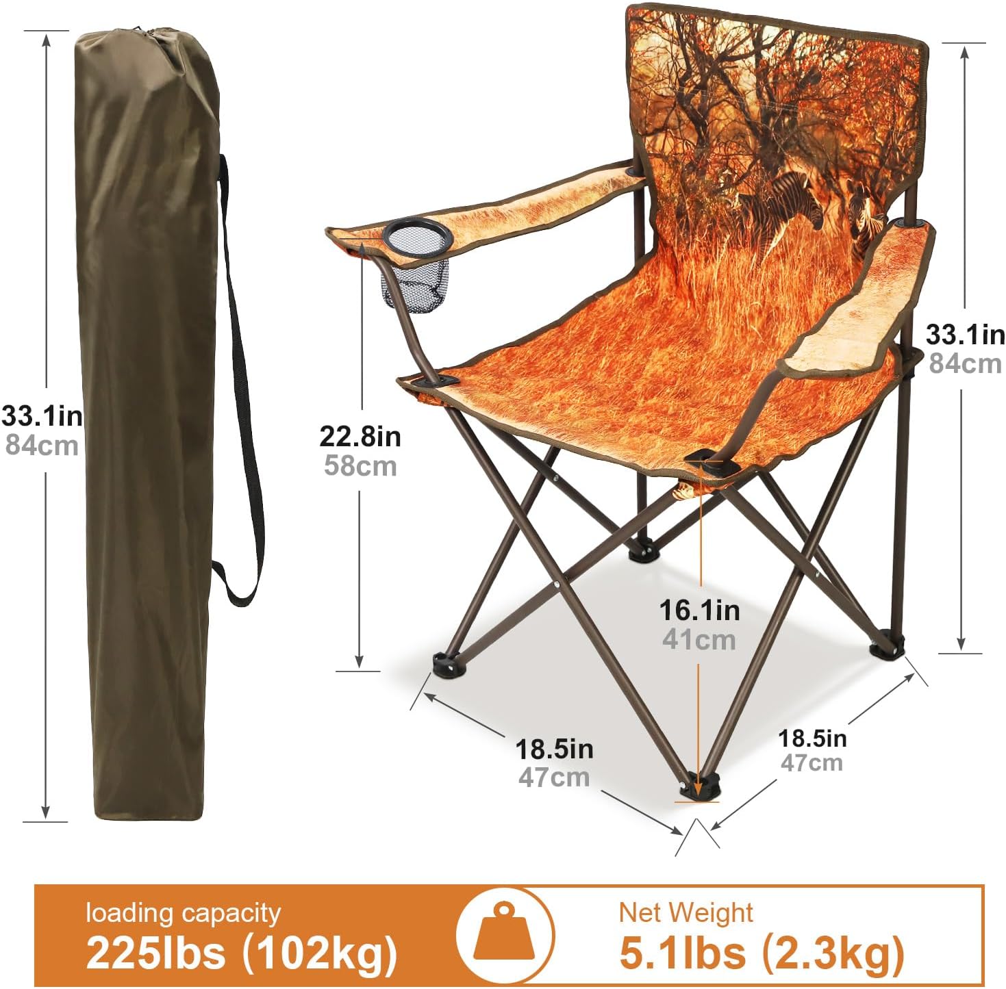 Northroad 2Pack Folding Camping Chairs Portable Animal Print Collapsible Hunting Chair for Outdoor Travel, Patio, Beach, Fishing - Zebra