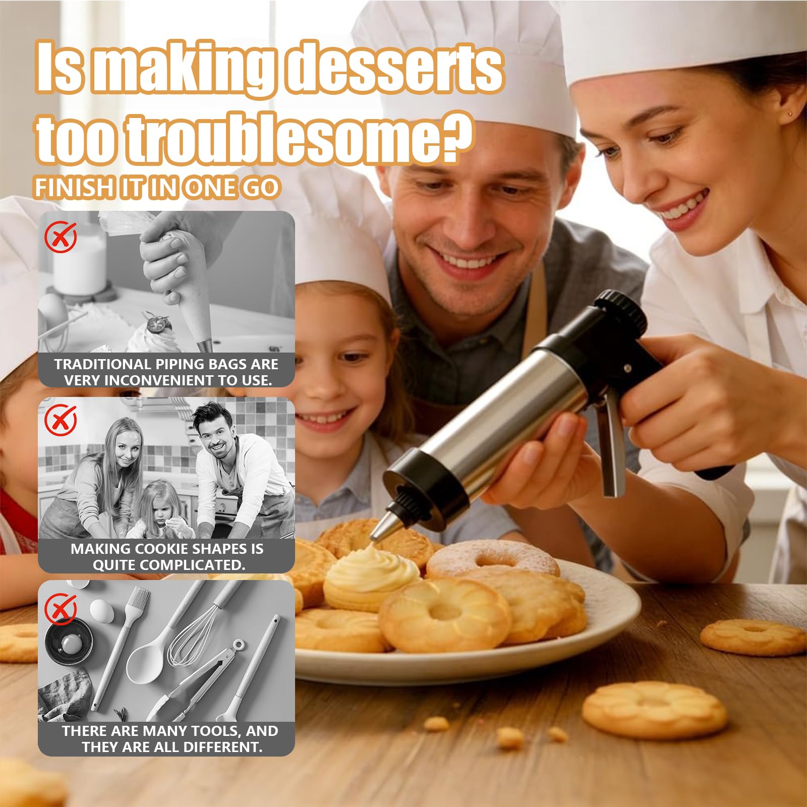 Pressa per Biscotti in Acciaio Inox, Biscotti Professionale Pistola Sparabiscotti con 16 Stencil e 8 Beccucci, Spara Biscotti per Frolla per Realizzare e Decorare Biscotti Fai da Te