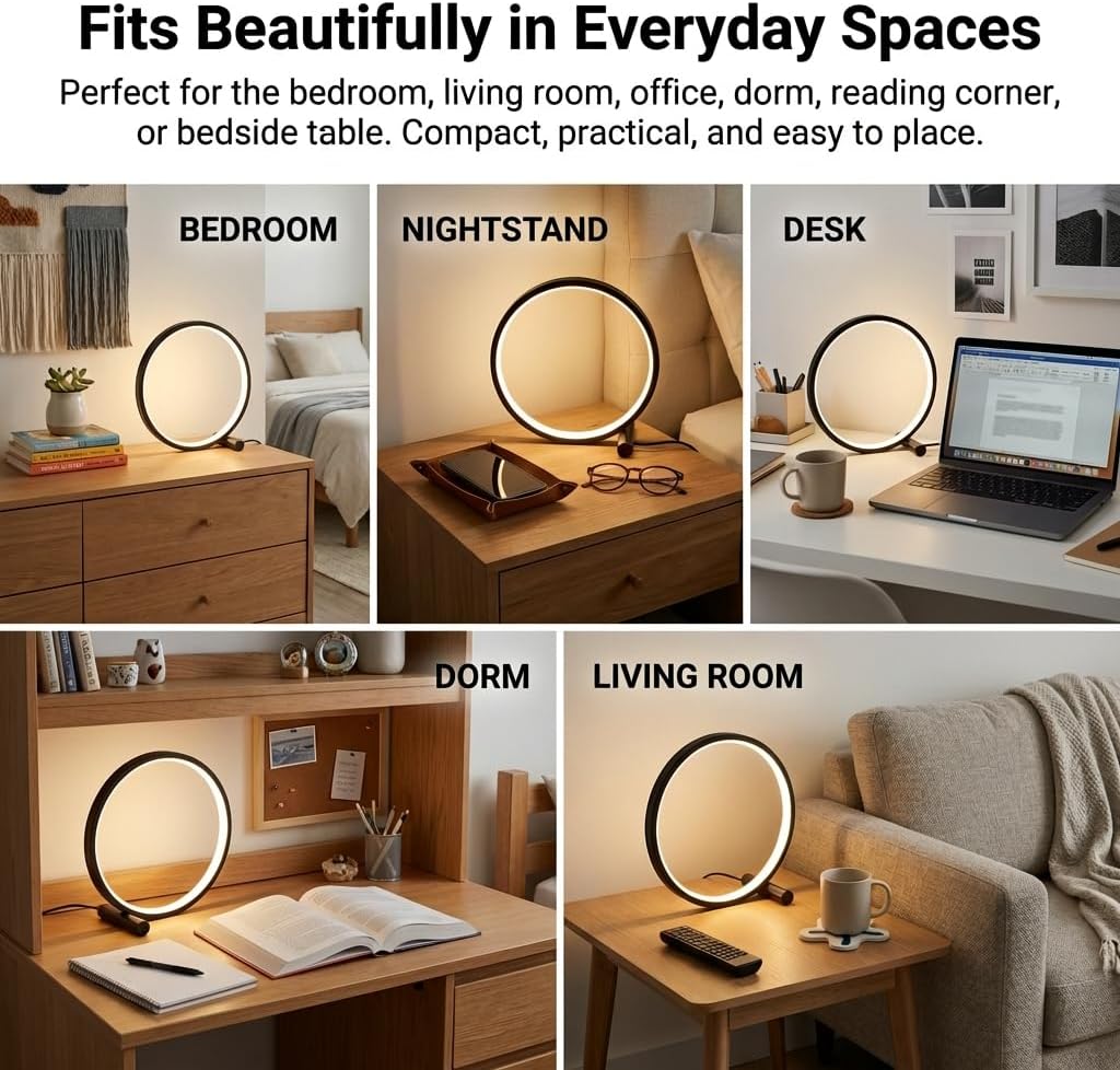 LED Desk Lamp for Bedroom,Touch Bedside Light with 3 Color Temperatures,Stepless Dimmable Round Table Lamp,6W Modern Nightstand Light for Reading,Living Room,Office,Black