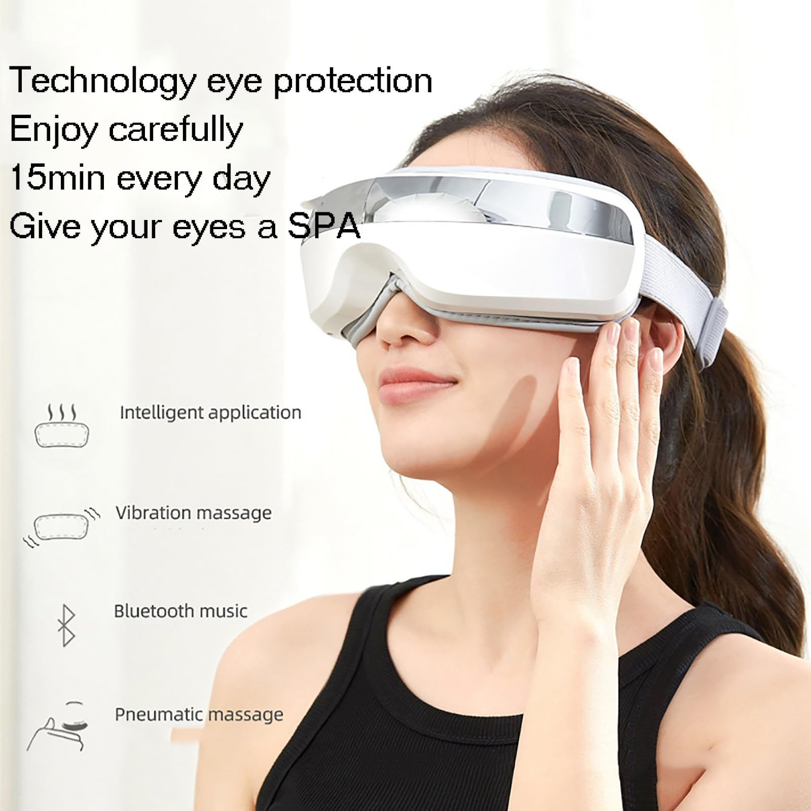 Masajeador Calefacción para Ojos, Masajeador Ojos Inteligente, 5 Modos Masaje/tensión Ajustable/se Puede Conectar a Música Bluetooth/vibración Multifrecuencia/Masaje con Bolsa Aire, para Ojos