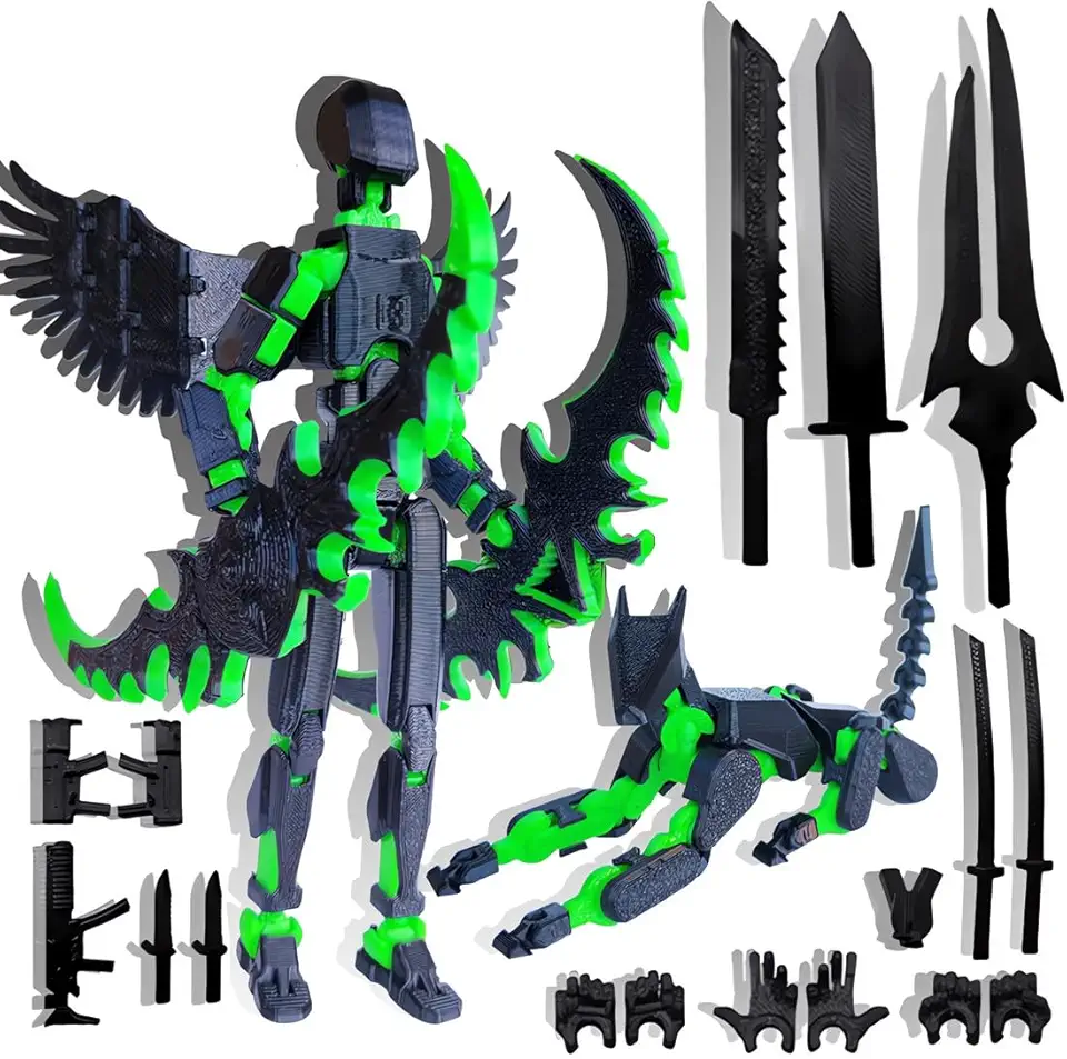 T13 Action Figures Set (Assembly Completed) Dummy 13 Titan 13 Robot Action Figure 3D Printed Robo Multi-Jointed Movable Action Figure Toy with Full Articulation (Black + Green Figure + Dog)