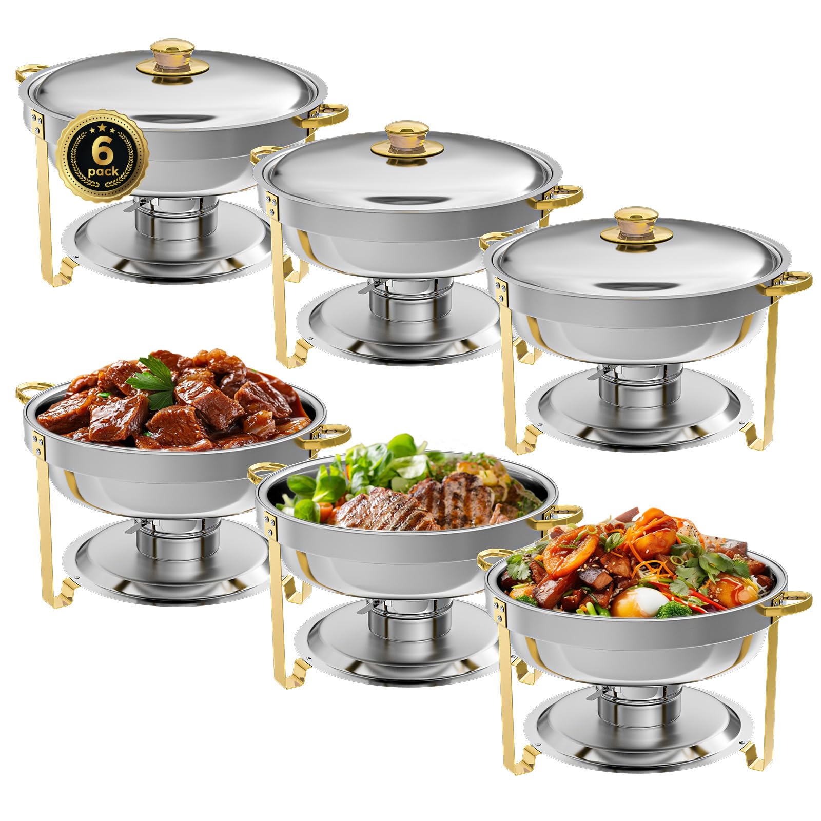 IMACONE Chafing Dish Buffet Set of 6, 5QT Round Stainless Steel Chafer for Catering, Upgraded Chafers and Buffet Warmer Sets w/Food & Water Pan, Lid, Gold Frame, Fuel Holder for Party Wedding Holiday