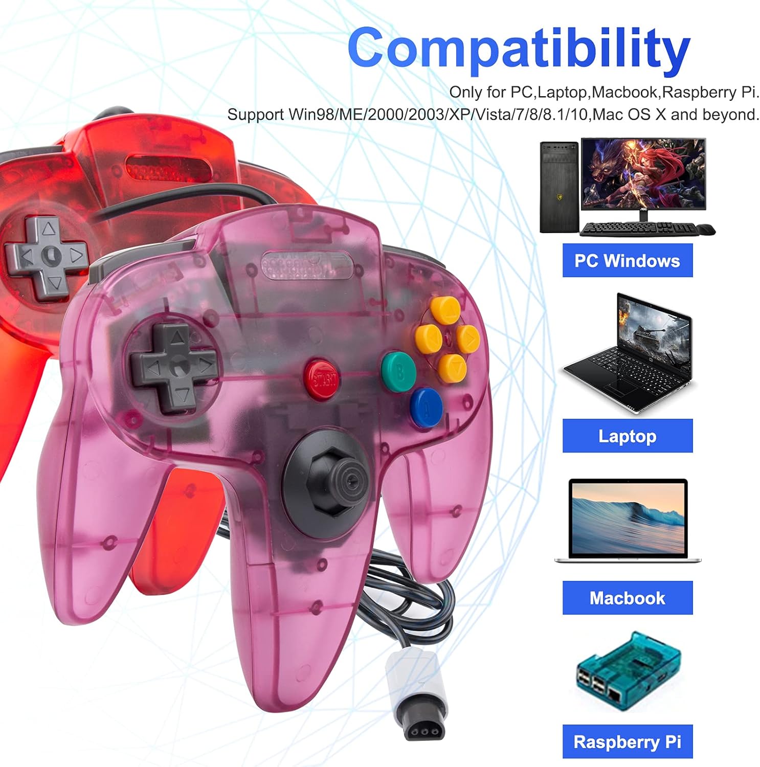 2 Pack Classic N64 Controllers, Retro Wired N64 64-bit Gamepad Joystick for Ultra 64 Video Game Console N64 System (Transparent Purple+Red)