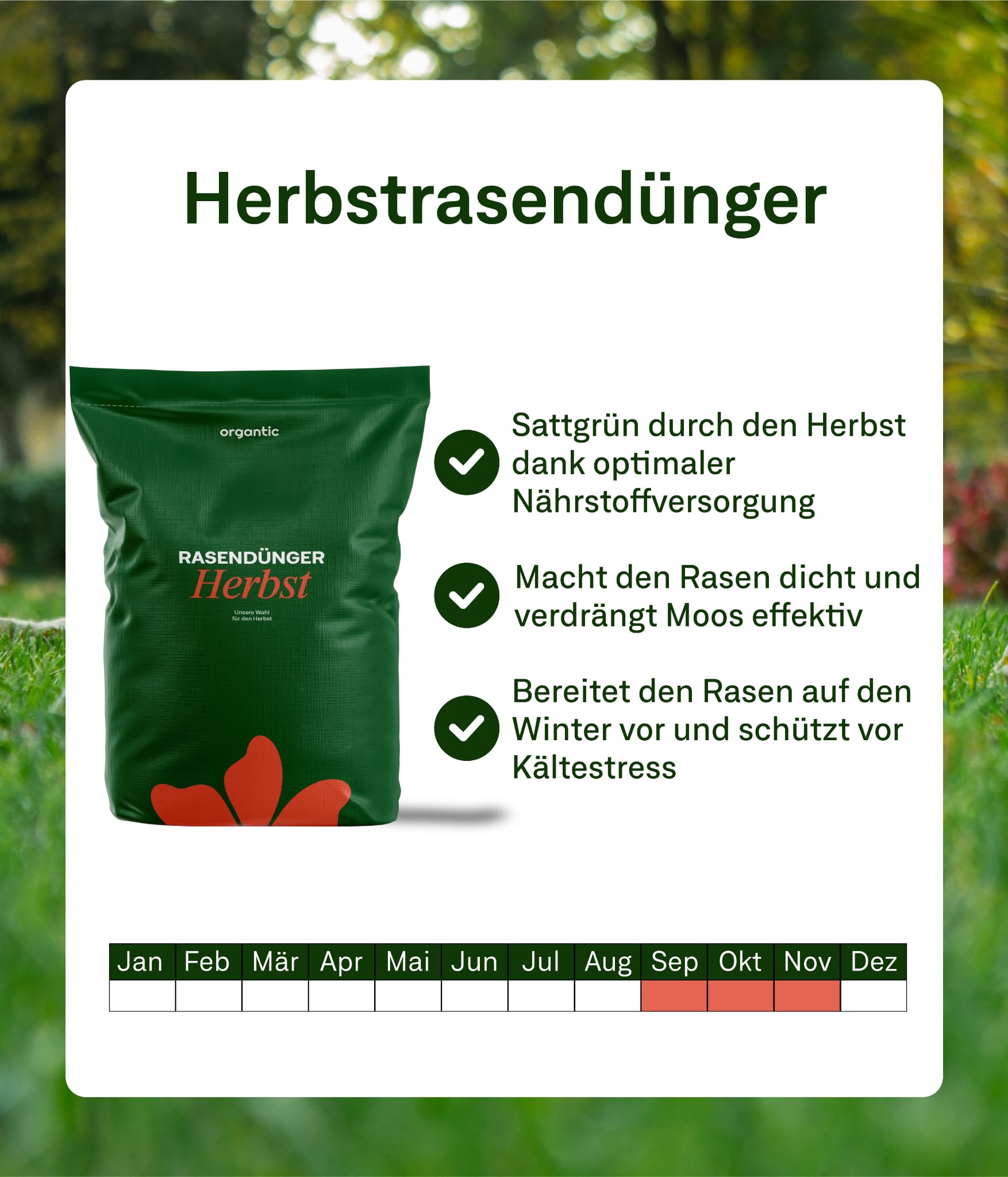 organtic Herbstrasendünger 20kg - Rasendünger mit Kalium für Herbst & Winter - Unterstützt sattgrünen Rasen, Moosverdrängung & starke Rasengräser - Für organische Rasenpflege im Garten