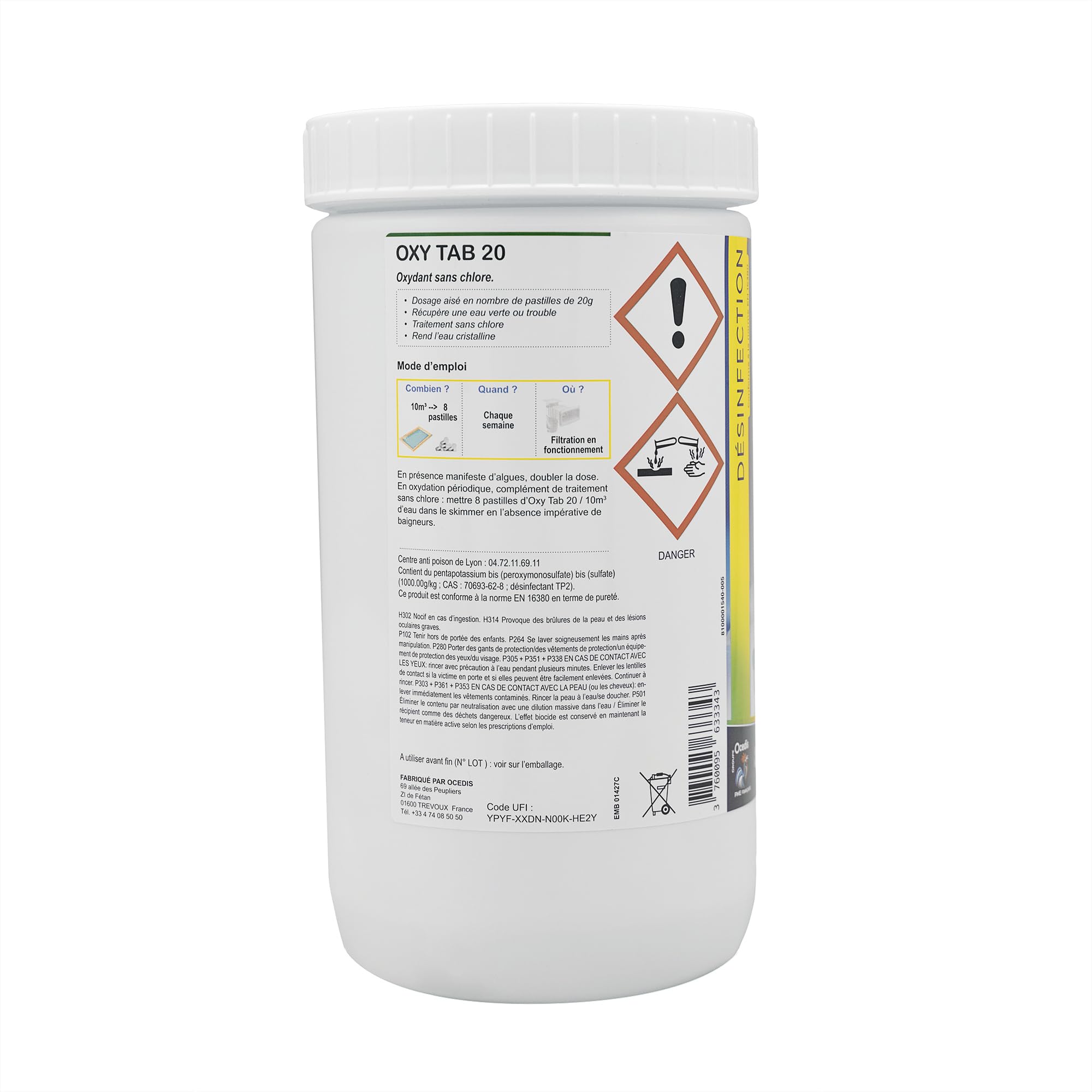 OCEDIS OXY Tab 20 Pastilles 20g - 1kg | Désinfection Régulière et/ou Choc sans Chlore - Oxygène Actif Choc - Activateur de Brome - Dissolution Rapide + 10 Tests HPS OFFERTS 6 en 1