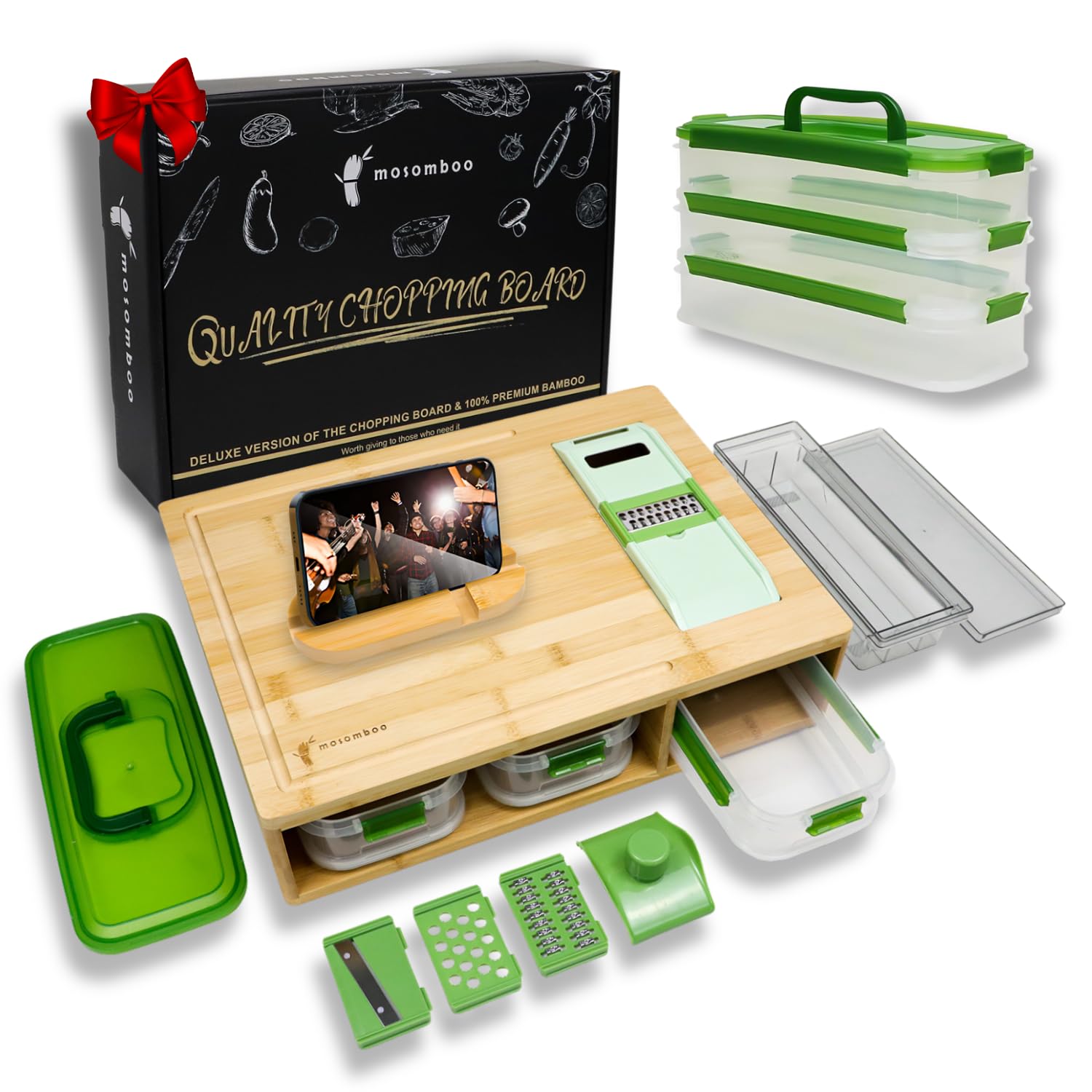 Mosomboo Bamboo Cutting Board with Containers, Large Smart Cutting