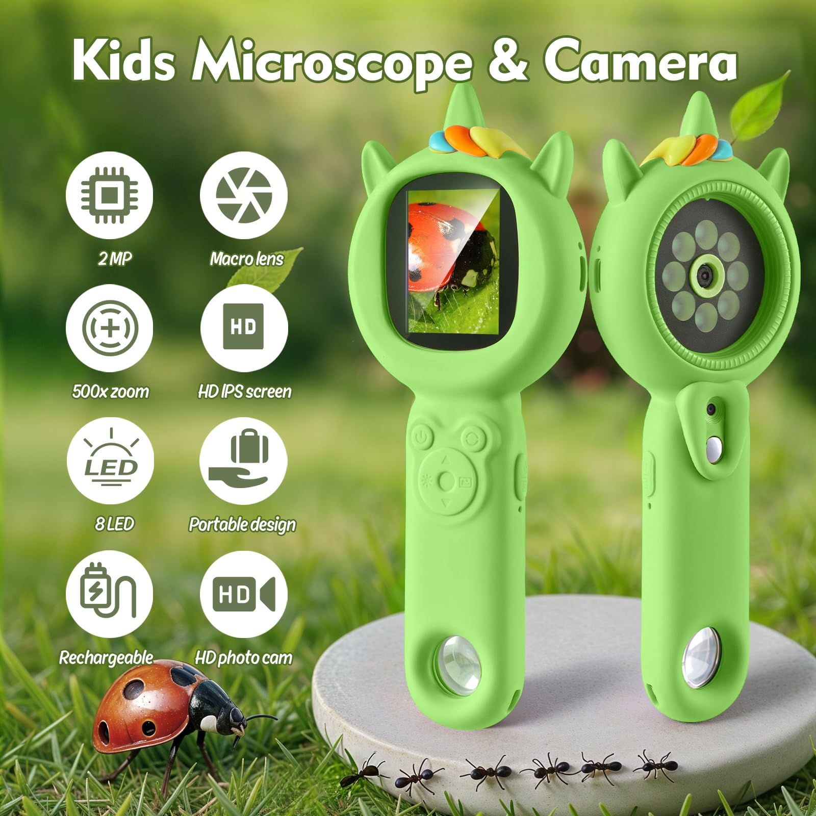 Microscopio para niños: aumento de 500x, zoom de 16X, microscopio de mano para niños con cámara HD, herramienta portátil de aprendizaje científico, regalos de cumpleaños de Navidad para niños y niñas