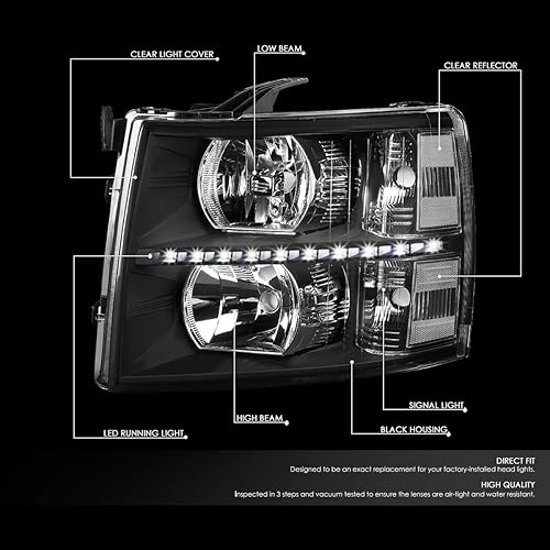 Miniatura 2 de DNA MOTORING Par de faros LED DRL compatibles con Chevy Silverado 1500 07-14 Silverado 2500 3500 HD, negrotransparente, HL-LED-CSIL07-BK-CL1