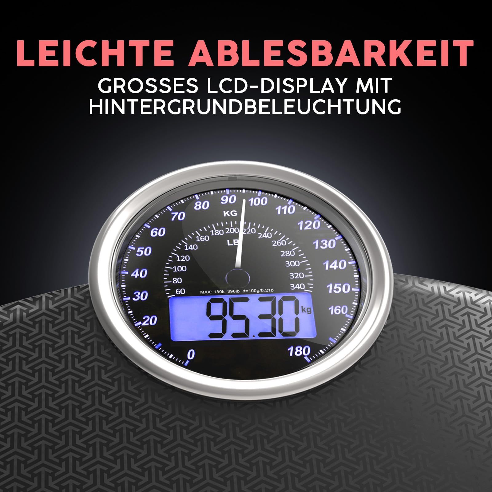 Hybrid 2-in-1 Analog- und Digitalwaage bis 180 kg mit Großem Display | Präzise GX-Sensoren auf extra breiter Plattform aus gehärtetem Glas, Matrix Schwarz
