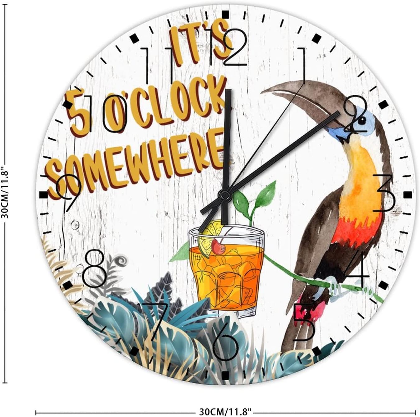 12" Silent Non-Ticking Wall Clocks Battery It's Five O'clock Somewhere Home Decor for Bathroom Parrot Colorful Bird Sea Farmhouse Round Wooden Wall Clock Rustic for Children's Room Family Room