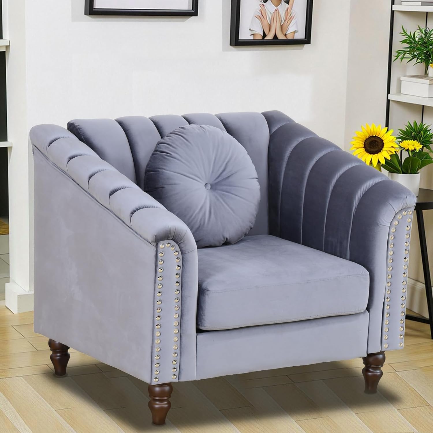 Chesterfield Sofa Sets for Living Room, Microfiber Sofa and Loveseat with Chair with 5 Pillows, Chenille Sofa Sets for Small Spaces Apaetment(Loveseat,Grey)