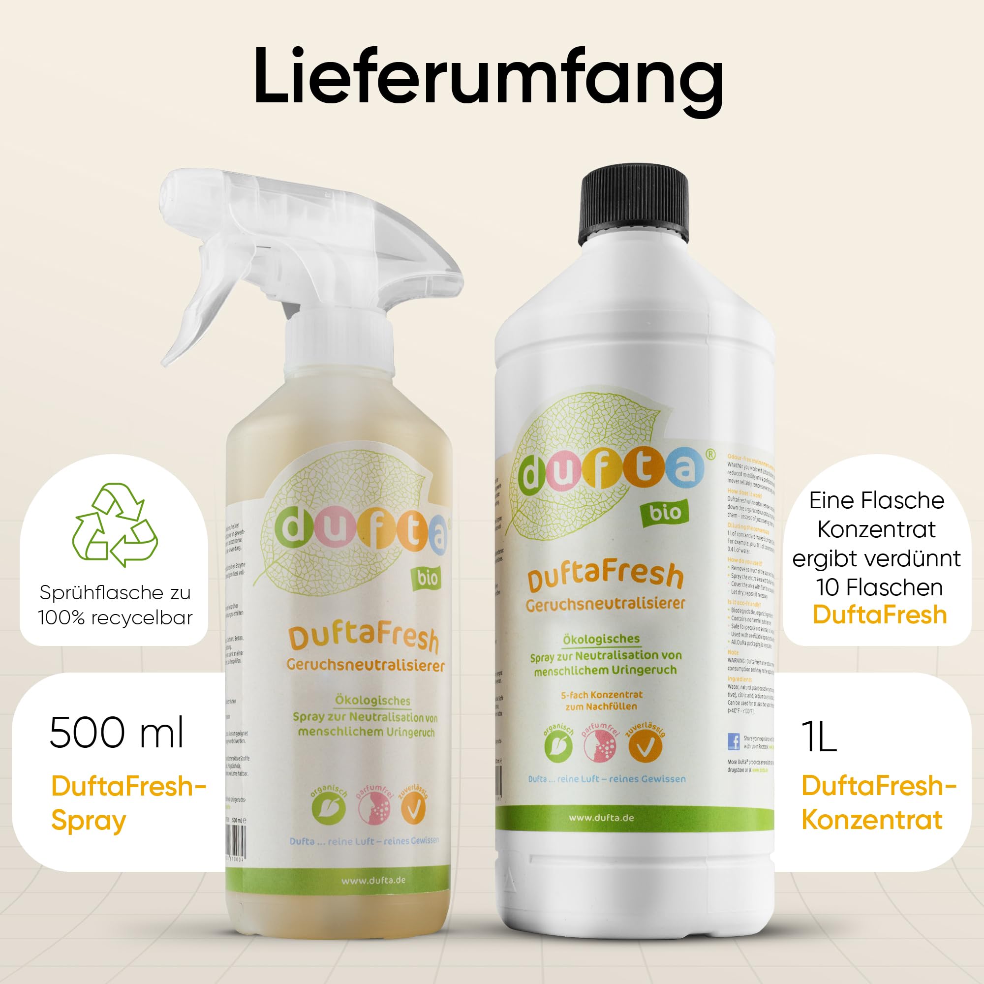 DuftaFresh Geruchsneutralisierer Set mit 500 ml Spray & 1L Konzentrat | Ideal als textilerfrischer, enzymreiniger und geruchsneutralisierer für räume gegen Urin-, Rauch- und Schweißgerüche.