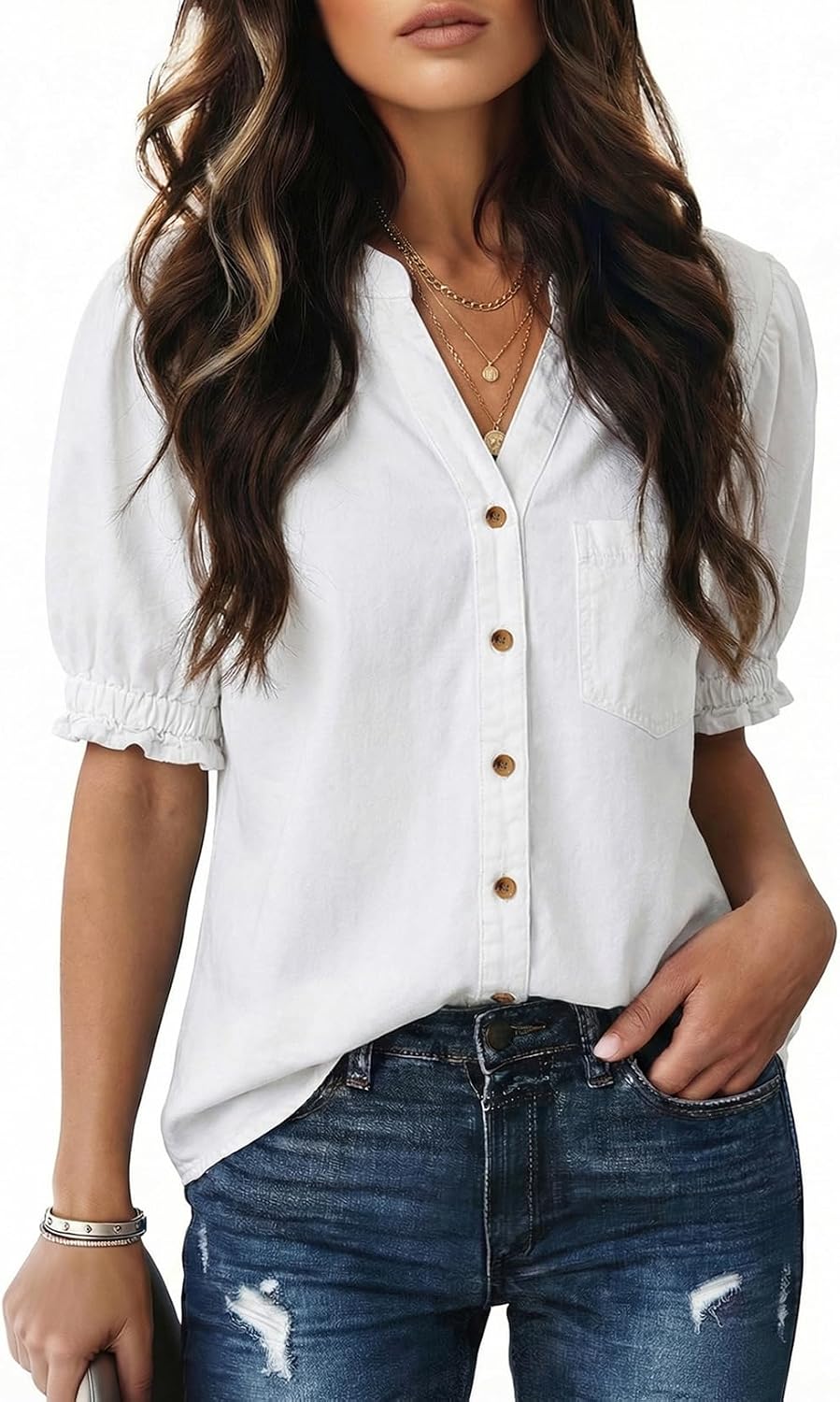 Dokotoo Women Denim Shirt Button Down Casual Short Sleeve V Neck Blouse Summer Tops