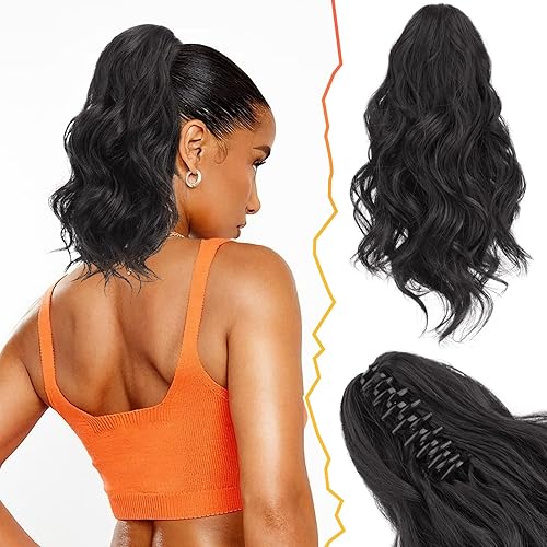 Miniatura 7 de BARSDAR Extensiones de cola de caballo con clip de garra negra, extensiones de cabello ondulado de 20 pulgadas para mujer, extensiones de cabello