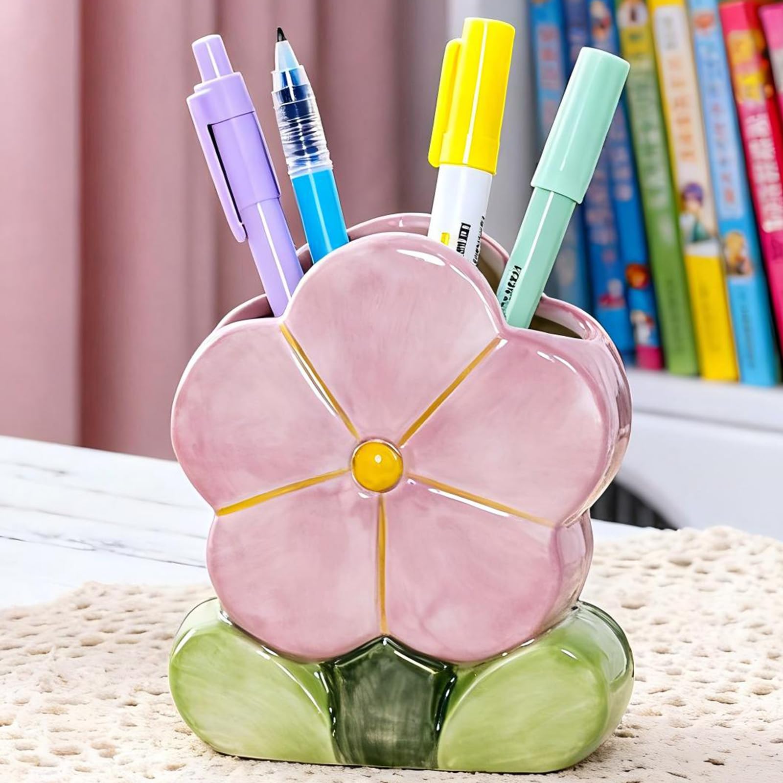 Busnos Flower Pencil Holder for Desk Purple Toothbrush Holder Cute Makeup Pen Holders for Office Desk Accessories Aesthetic Home Decor Birthday Gifts