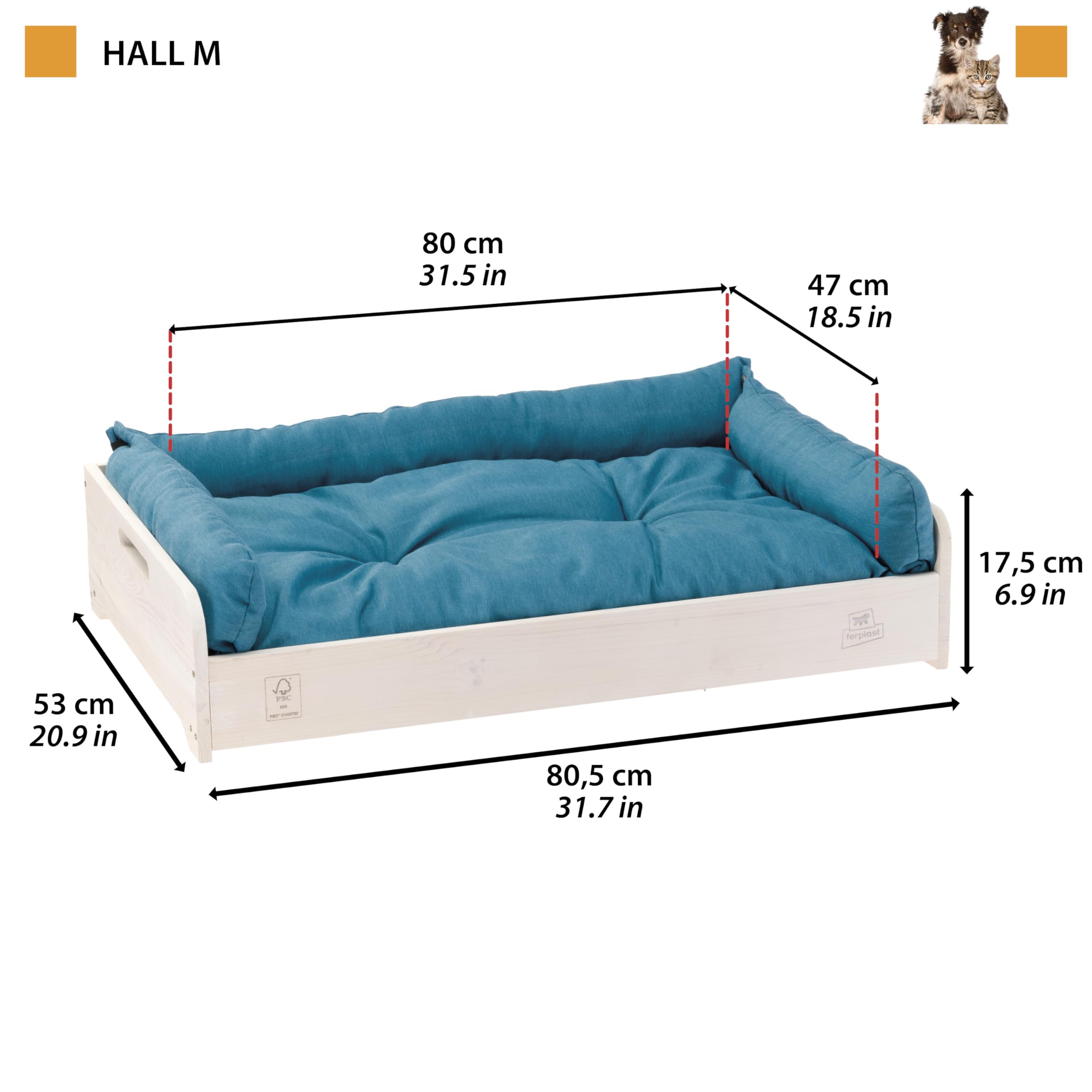 Ferplast Cama Perro y Gato con Cojin Hall, Cama para Perros y Gatos, Almohada Lavable, Madera FSC, Cama para Perros Medianos y Gatos, Transpirable y Antideslizante, 80.5 x 53 x h 17.5 cm