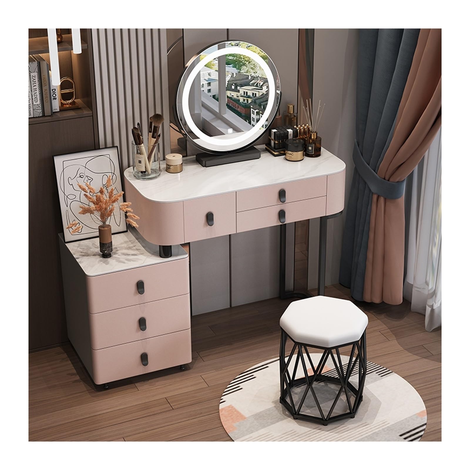 CGCSYZ Vanity Desk Modern White Vanity Table, Vanity Desk with LED Mirror and Bedside Table, Dressing Table for Girls and Women Makeup Dressing Table (Pink Round Stool 120cm)