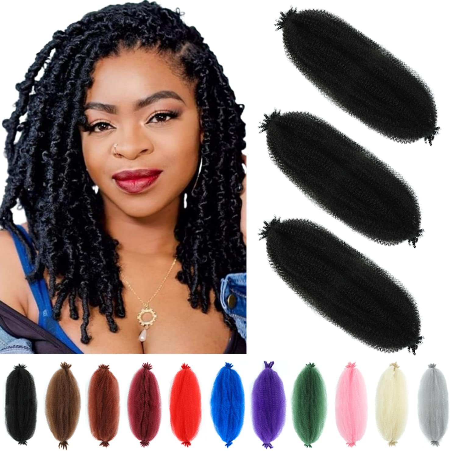 Springy Afro Twist Hair 12 Inch 3 Packs Kinky Twist Hair Black Color Pre Fluffed Marley Twist Braiding Hair for Black Women (12 inch, 1B)