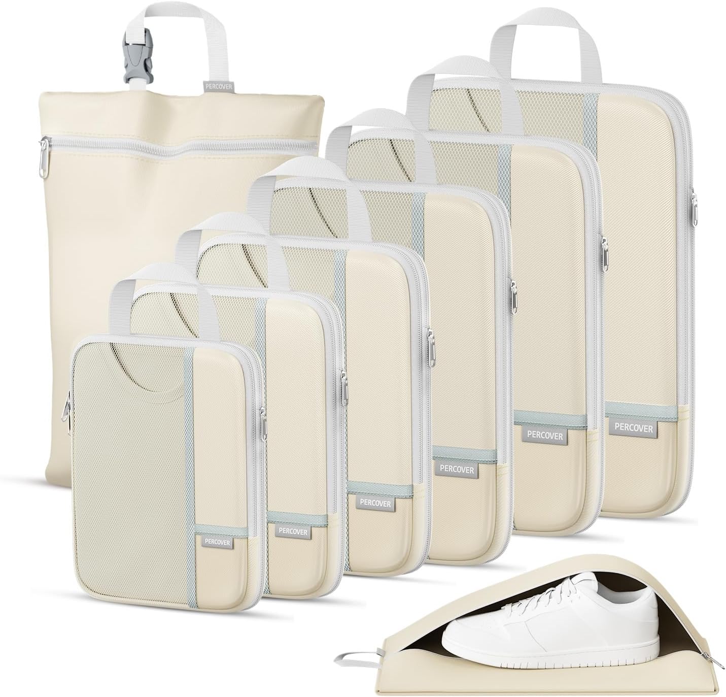 Percover Compression Packing Cubes 8-Piece Set, Packing Cubes Compression for Travel with Laundry Bag & Shoe Bag, Travel Organizer for Carry On & Checked Luggage, Beige
