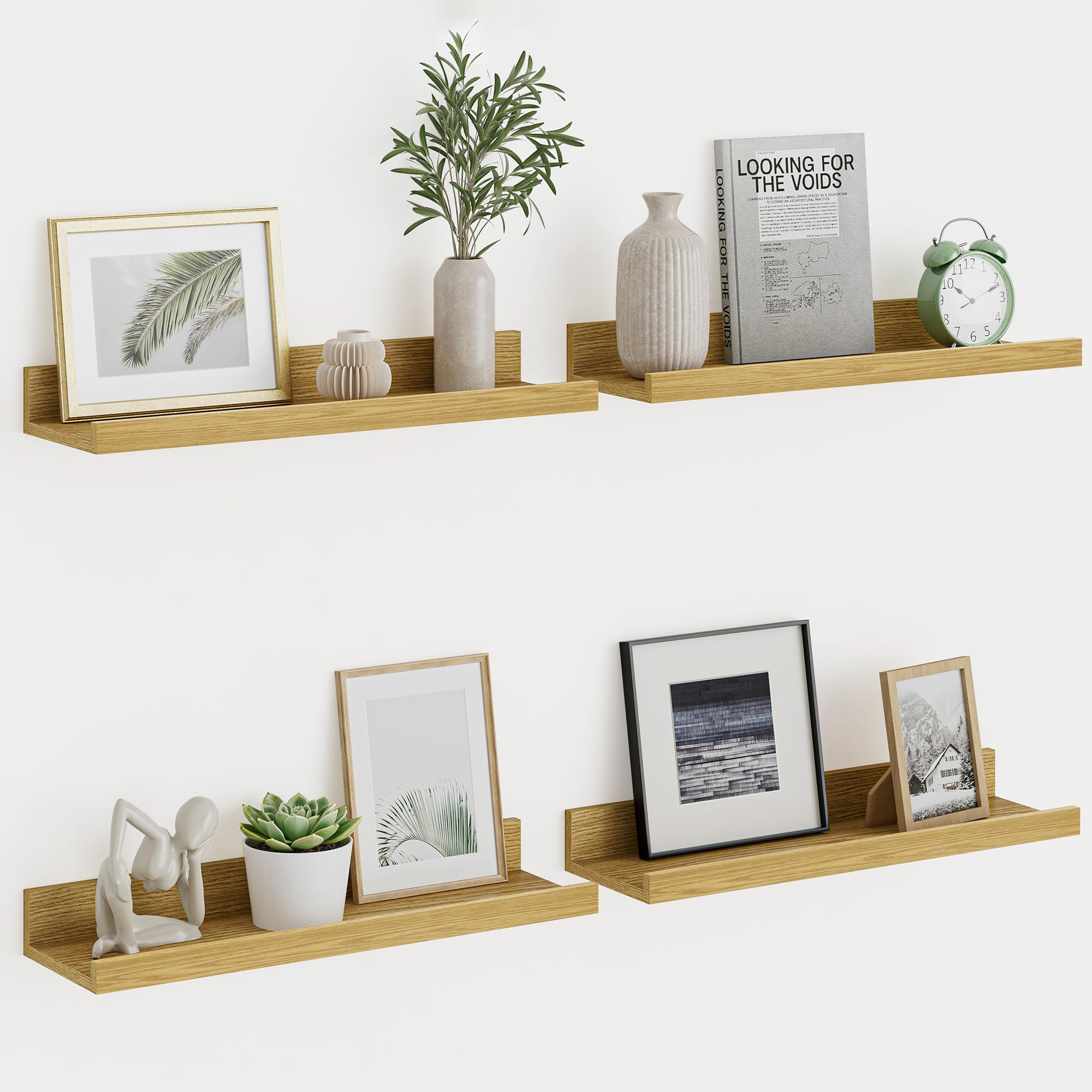 Floating Shelves set of 4, 40cm Wall Shelves, Oak Shelf for Photo Frames Picture Books, Wooden Shelves for Wall Mount, Floating Shelf for Kitchen Bedroom Living Room Bathroom Nursery, Wall Décor