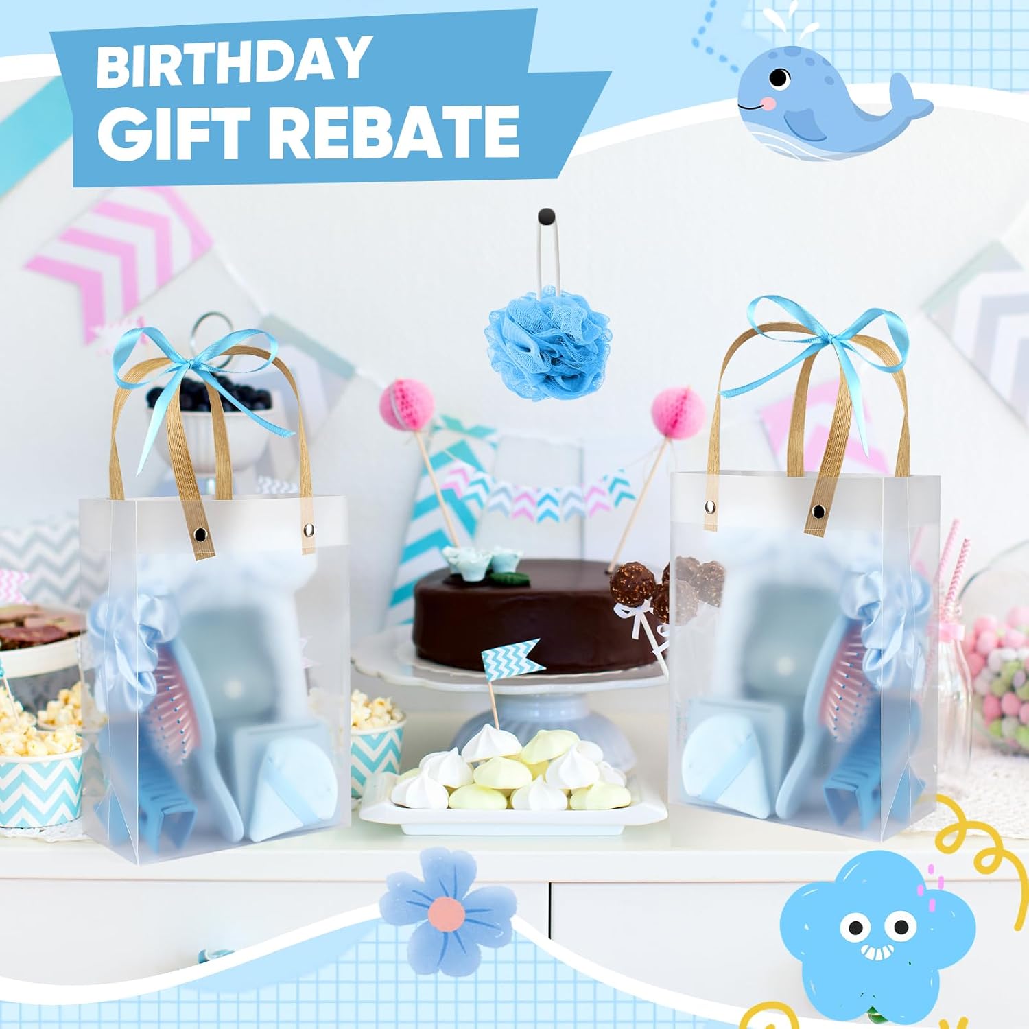 109pcs Baby Shower Prizes for Winners Gifts Baby Shower Favors including Headband Hair Brush Compact Mirror Bath Sponges Powder Puff Hair Tie Claw Makeup Brushes Gift Bag Bridal Shower(Blue) - Image 4