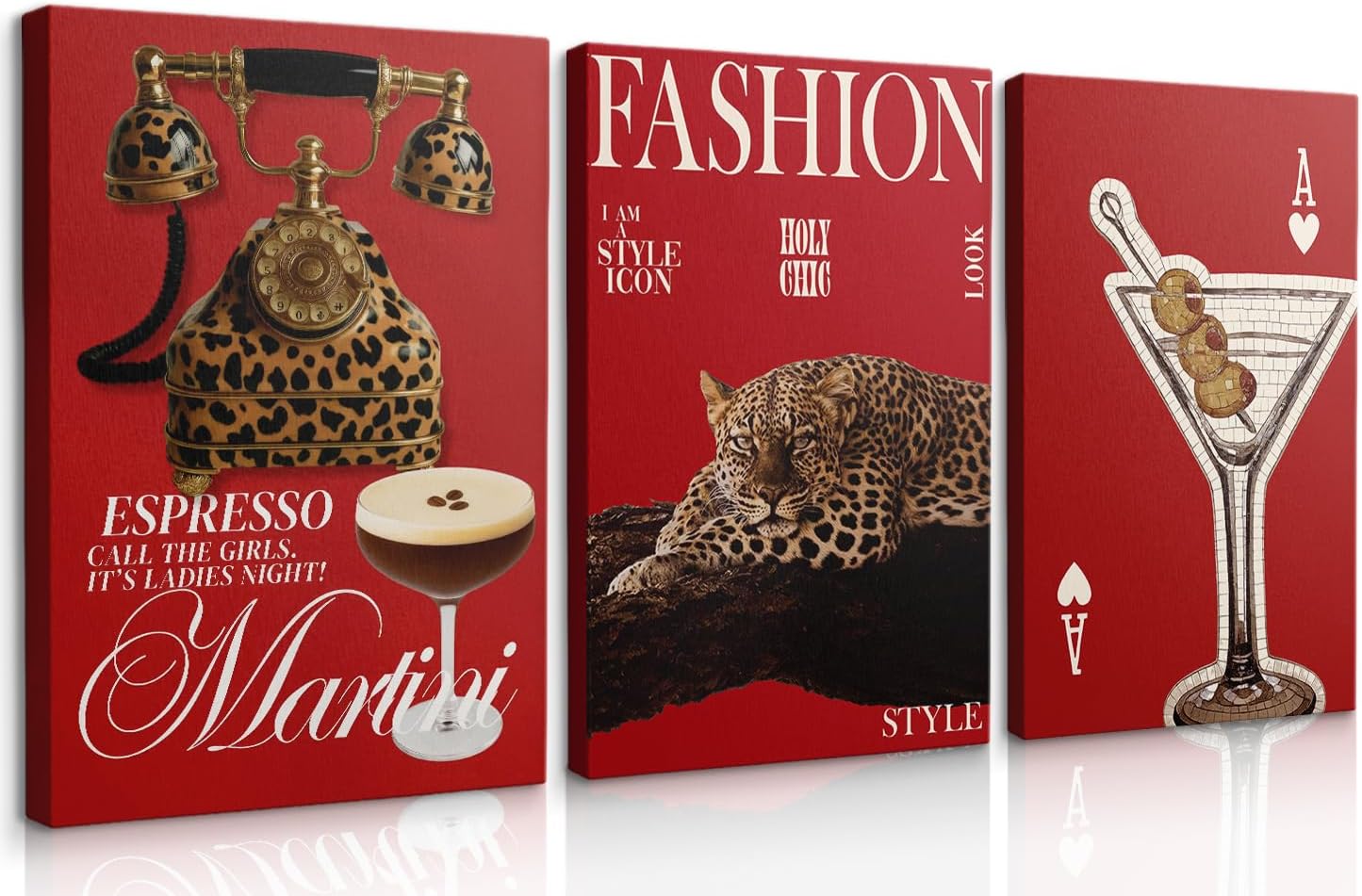 3Pcs Red Trendy Leopard Wall Art Fashion Cheetah Posters Lucky Martini Prints Painting Red Vintage Preppy Pictures Aesthetic Cheetah Wall Decor for Girls Bedroom Apartment Dorm(12x16in Canvas)