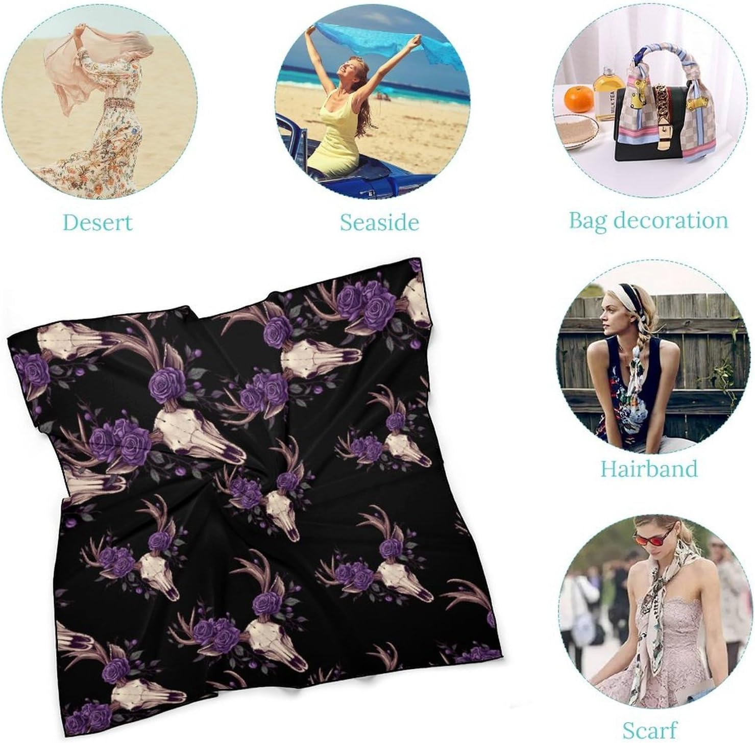 Deer Animal Skull with Floral Bandana Fashion Head Scarf Square Silk Scarf Print Neck Hair Scarfs for Women Men Gifts