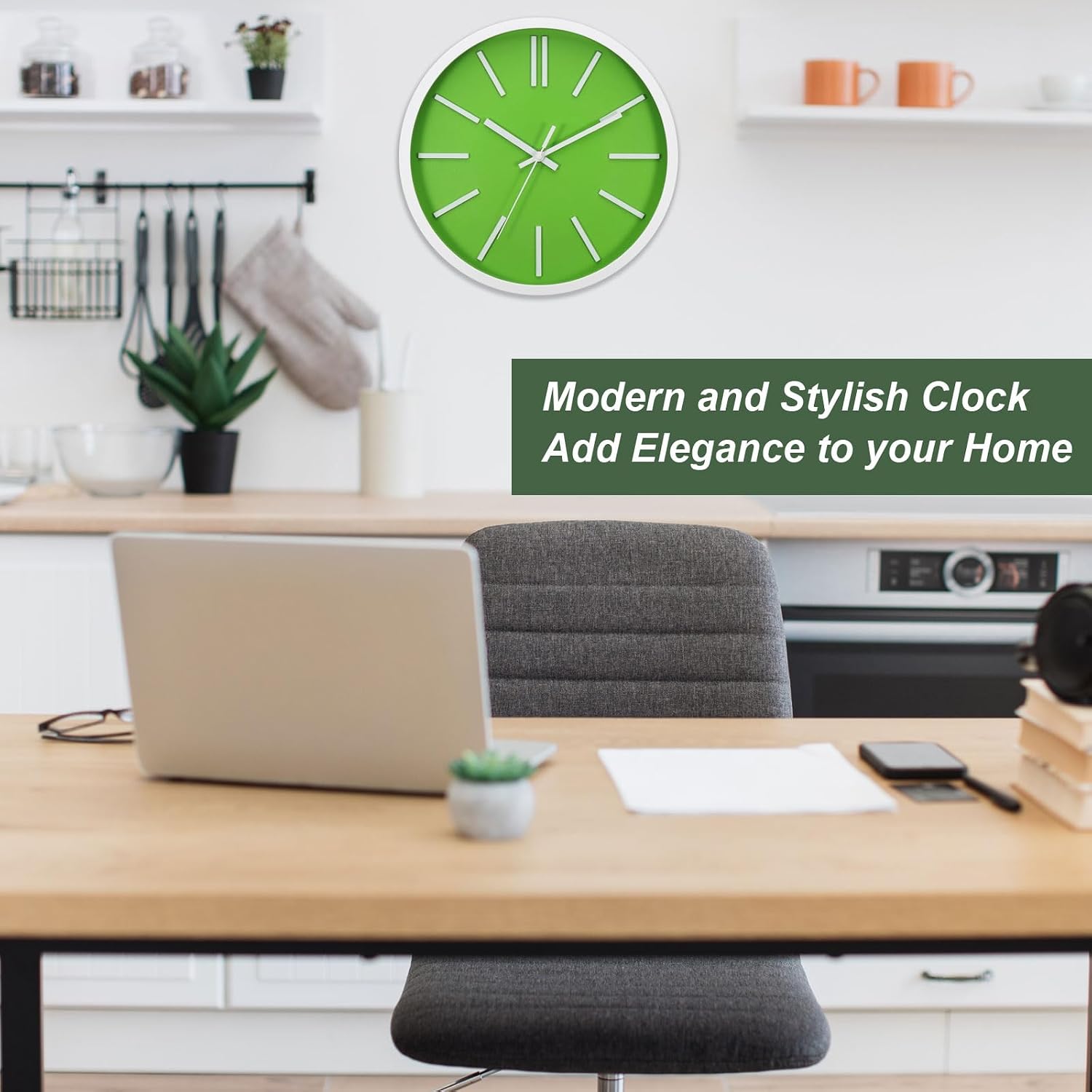 YOKIVE Wall Clocks, Battery Operated Silent Non-Ticking Round 3D Wall Clocks Modern Clock, Great for Office, Bedroom, Living Room, Decoration(White/Green, 12-Inch)