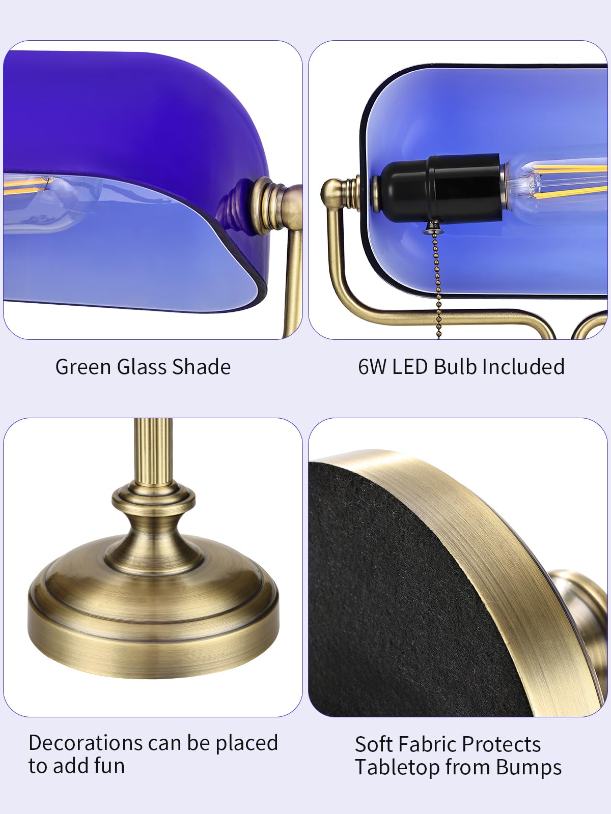 Banker Schreibtischlampe, Glasschatten, Vintage -Lampe mit Pull -Kettenschalter für Heimbüro, Klavierlampe (Antique Brass+Blue)