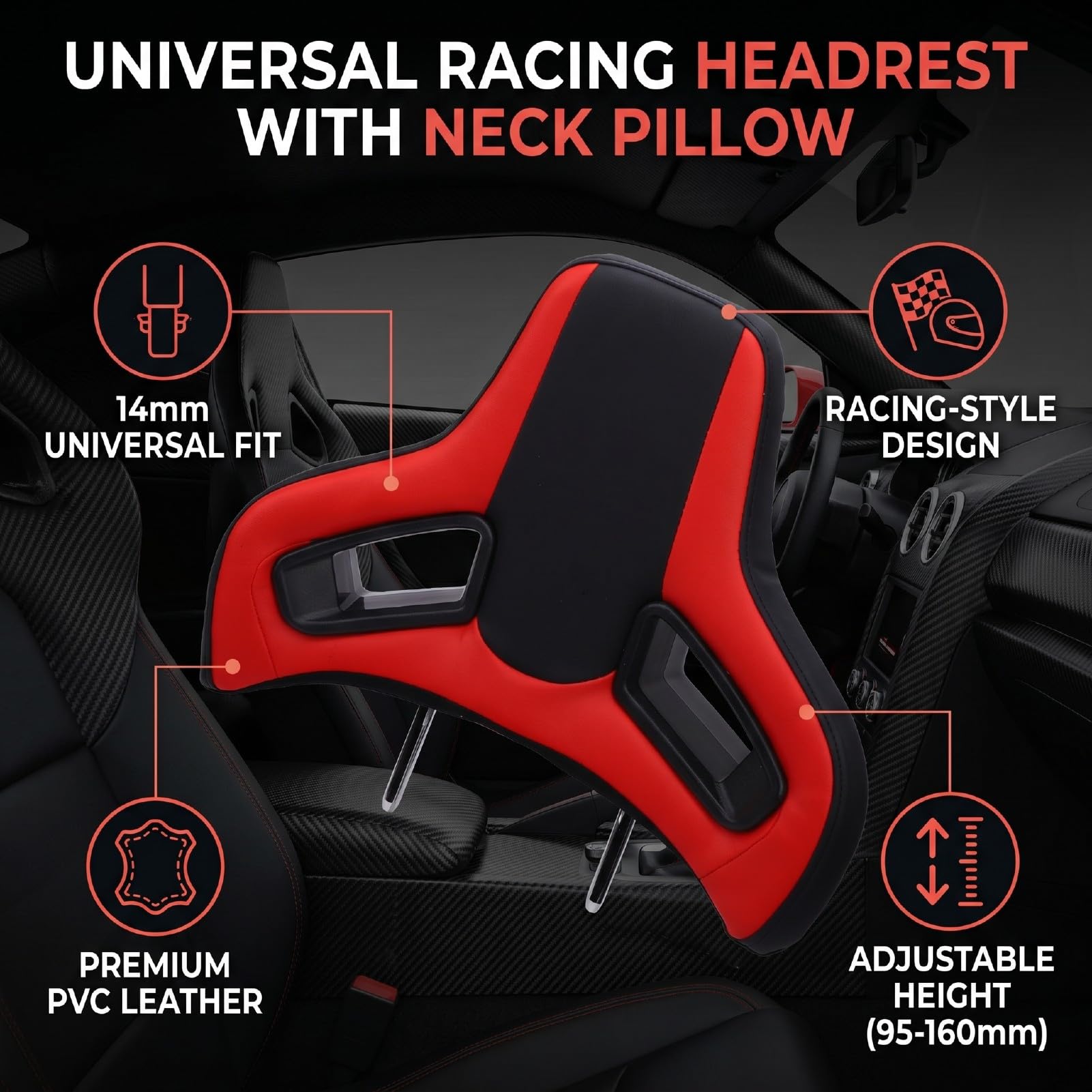 Luocute Appuie-tête de siège de course, appuie-tête universel en cuir PVC de style sport avec coussin de nuque et connecteur Plug Play de 14 mm, inserts de sport pour la plupart des véhicules