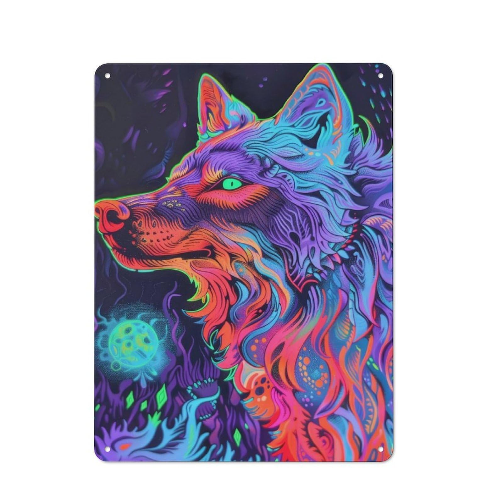 Junmoney Style-13 40X30cm Retro Tin Sign With Neon Wolf Art Print For Living Room Wall, Housewarming Present For People Styling Living Room