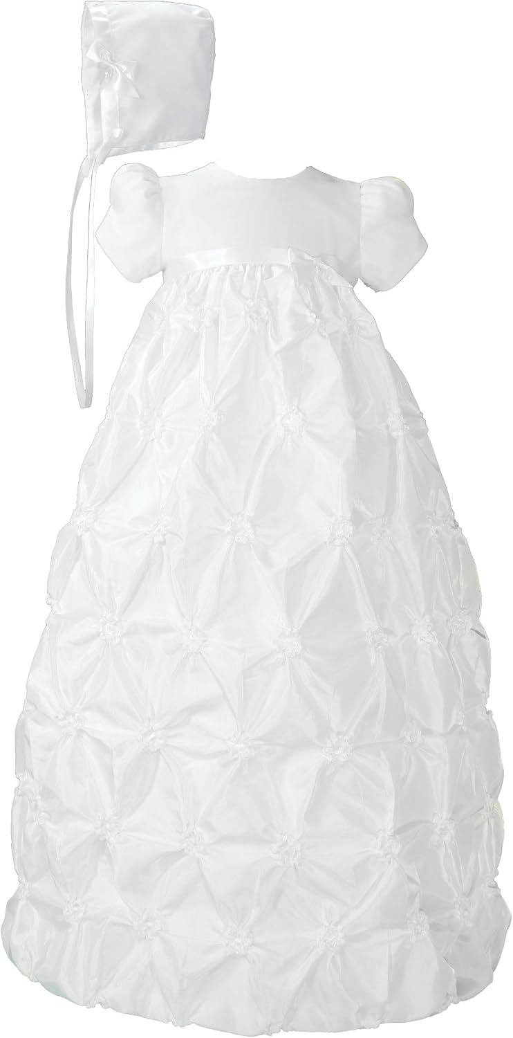 Little Things Mean A Lot White Polyester Taffeta Christening Baptism Gown with Rosettes and a Bonnet