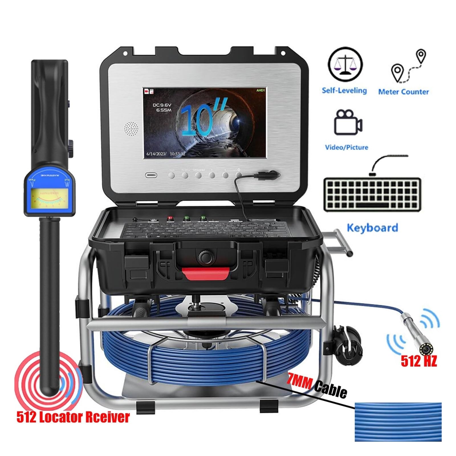 Cámara de inspección de drenaje Cámara De Inspección De Tuberías De Alcantarillado De 7 Mm Con (localizador Autonivelante De 512 Hz) Pantalla IPS De 10 "y 1080P Video + Endoscopio Contador De Metros(1