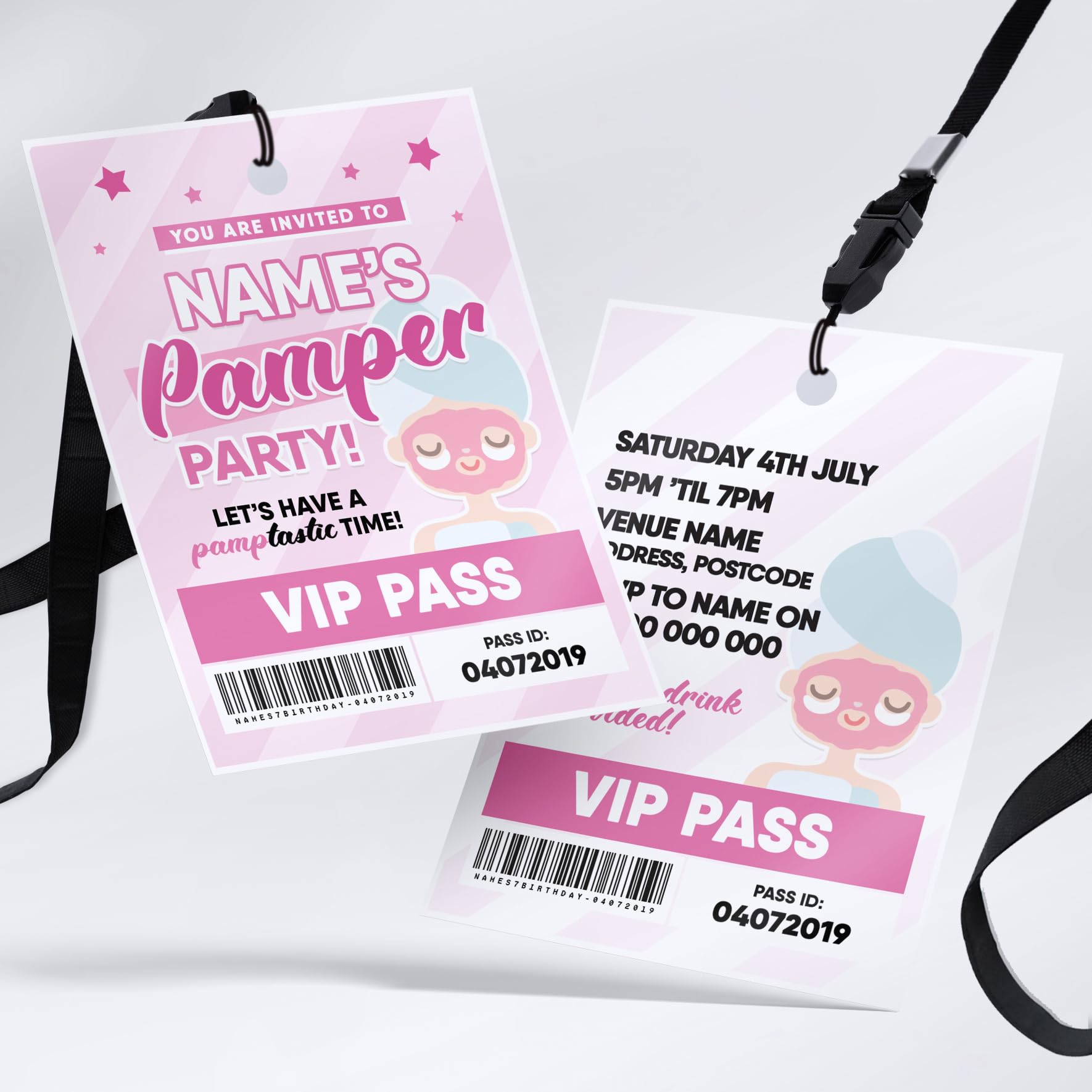 MJ DESIGN & PRINT Personalised Pamper Party Invitations Lanyard Passes, Birthday, Kids, Girls, Pink