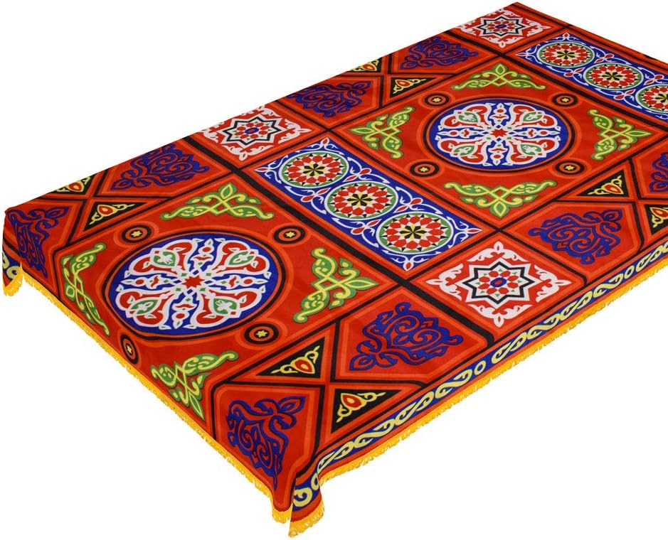 CraftiEgypt Egyptian Ramadan Decorations Colorful Red Printed Khayamiya Pattern Polyester Cotton Tablecloth Cover Top Rectangle 55 Inches 178 cm