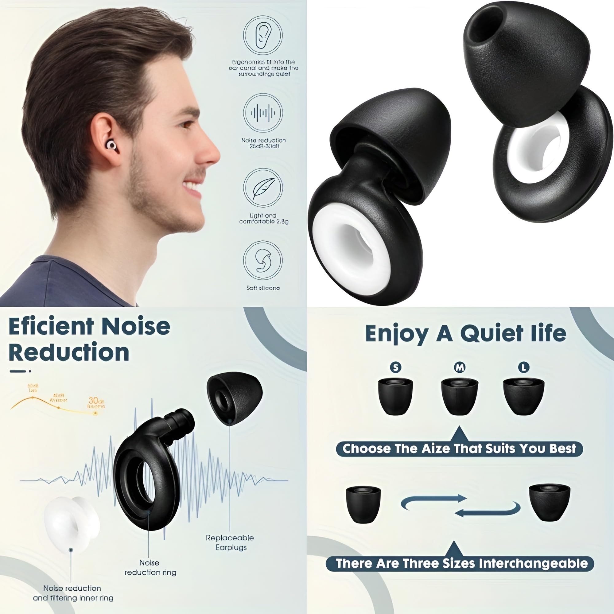Radhav Mart Noise Cancelling Ear Plugs | Soft Silicone Earplugs for Sleeping, Studying, Travel, and Flight | Reusable Noise Reduction Earbuds with 6 Comfort Tips (S/M/L) - (Multicolor) 1