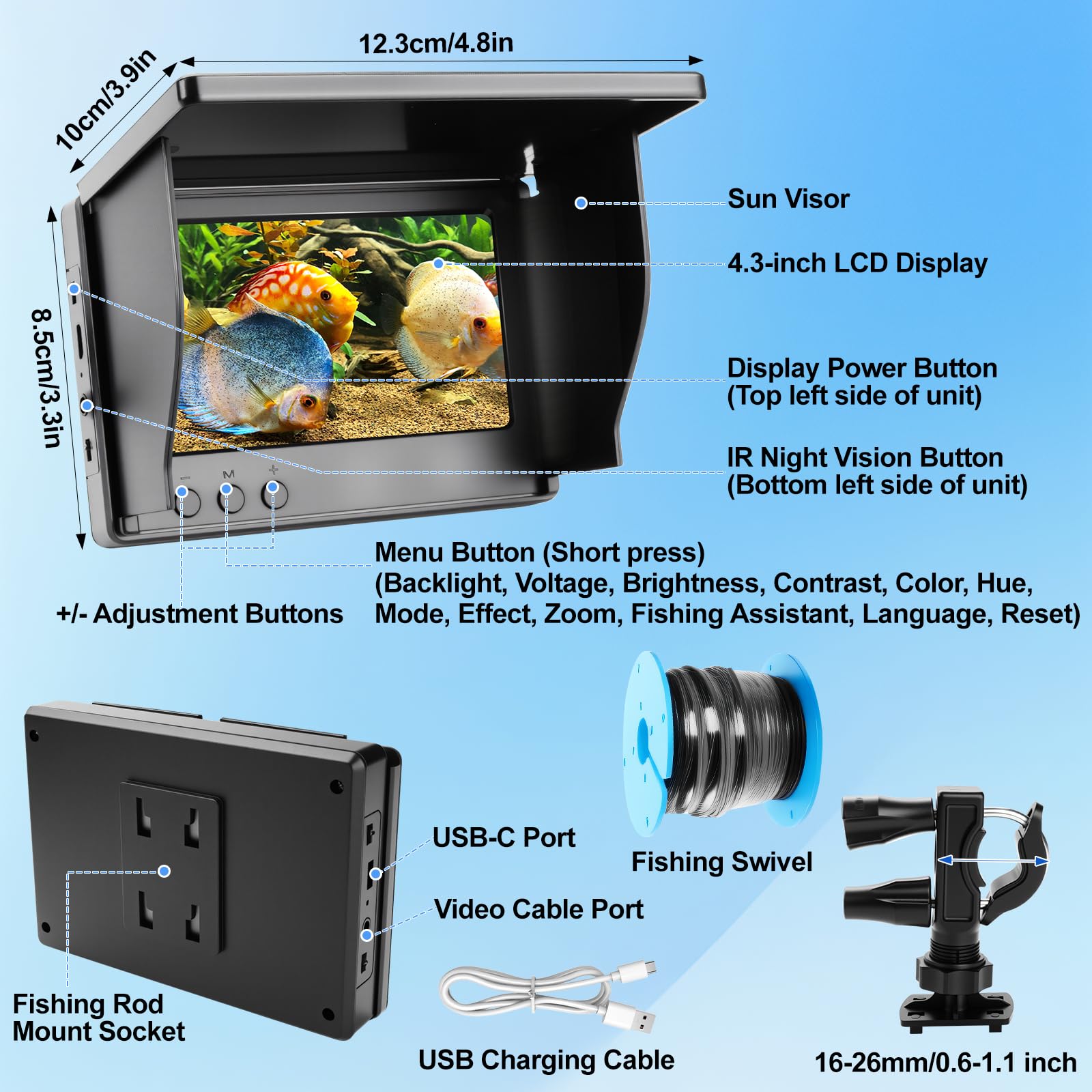 Underwater Fishing Camera, 5000mAh Battery Fish Finder Camera Waterproof with 4.3 Inch IPS Display and 30M Cable, 220° Wide Angle Night Vision for Ice, River and Boat Fishing