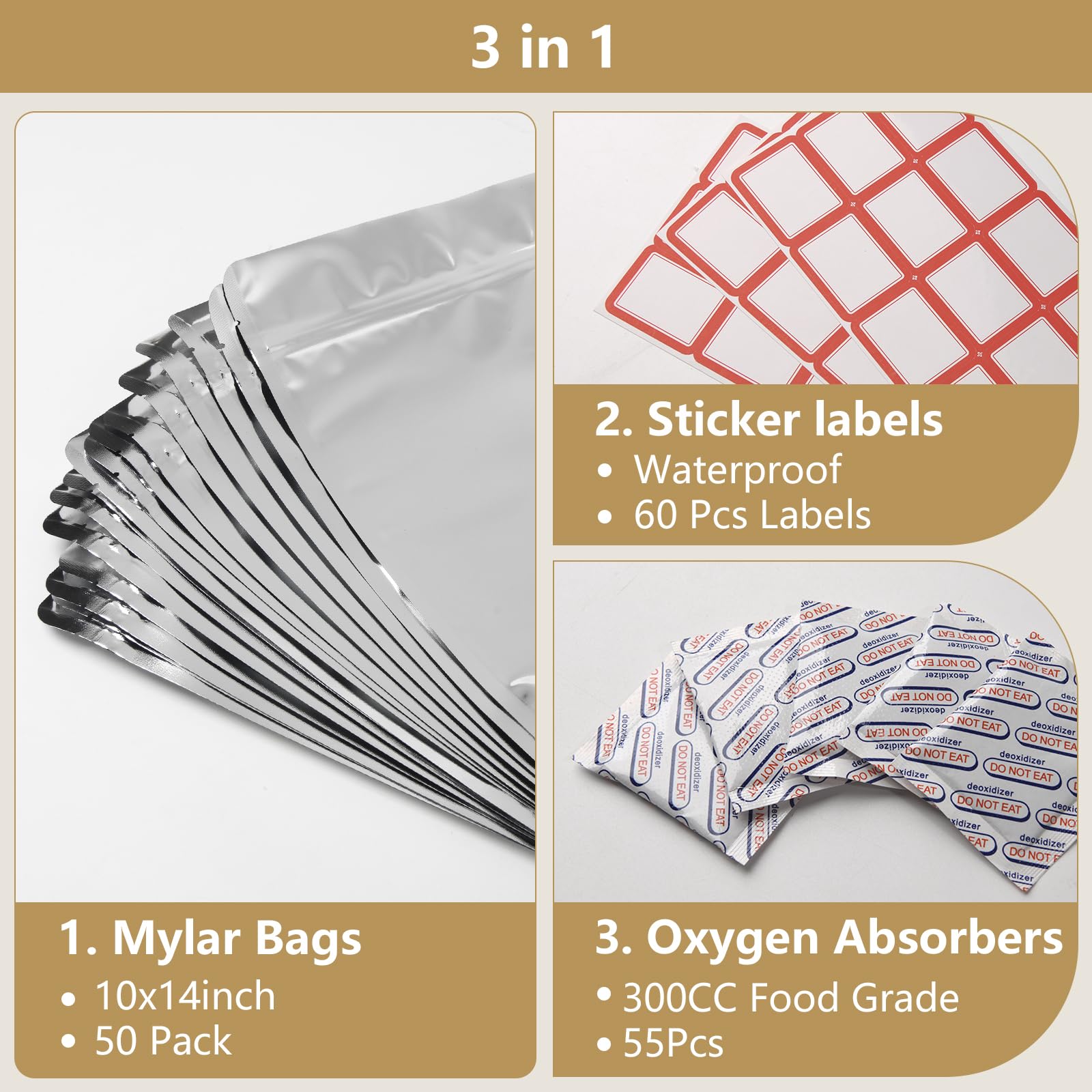 Confezione da 50 sacchetti in Mylar da 1 gallone con assorbitori | Sacchetti in Mylar per la conservazione degli alimenti, 25,4 x 35,5 cm, grandi sacchetti in Mylar per conservare riso
