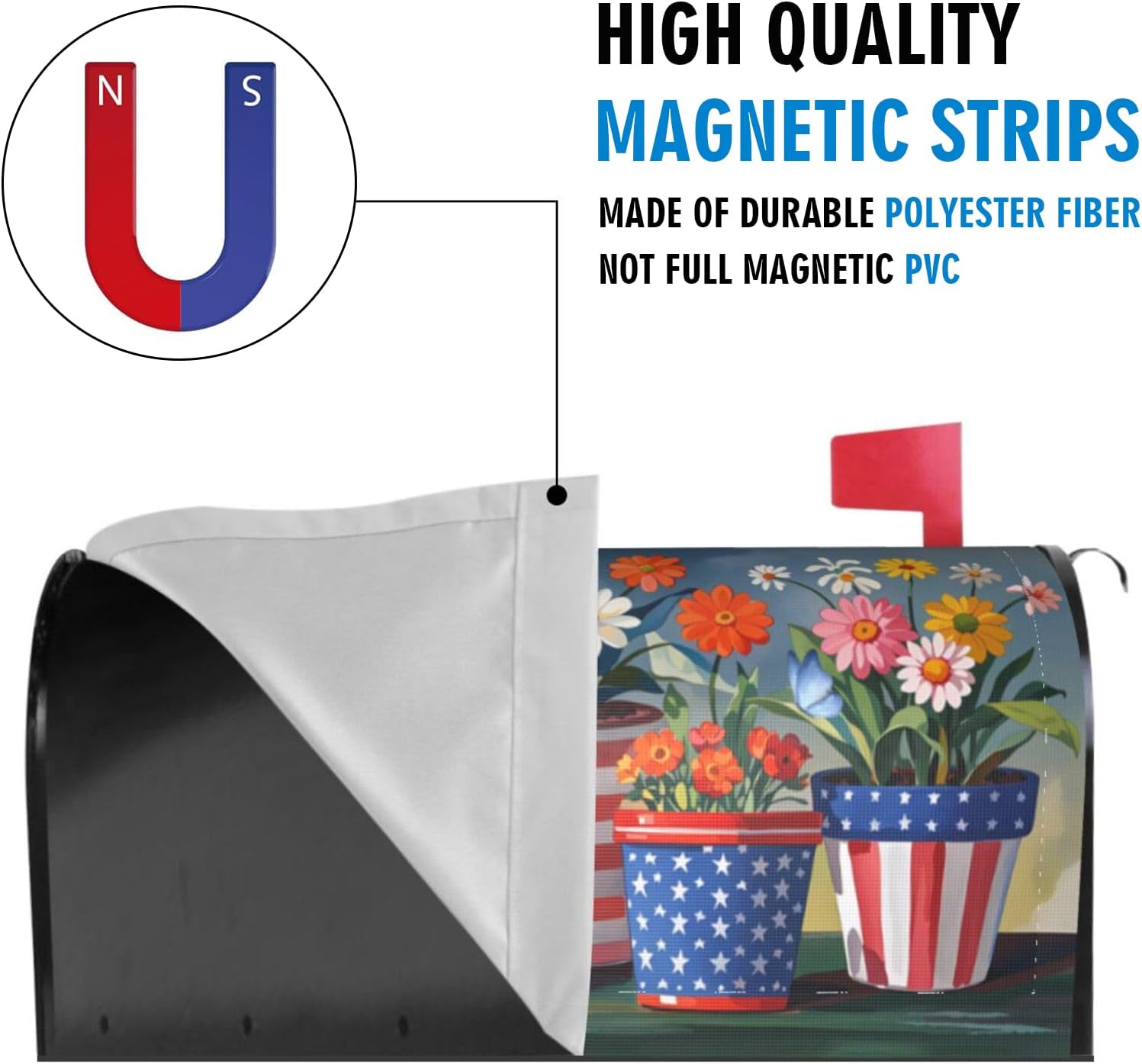 Independence Day Mailbox Covers, Summer Flowerpot Large Size Magnetic Mailbox Cover, July 4th Patriotic 25.1x21 Inch Post Letter Box Case for Outside Decor