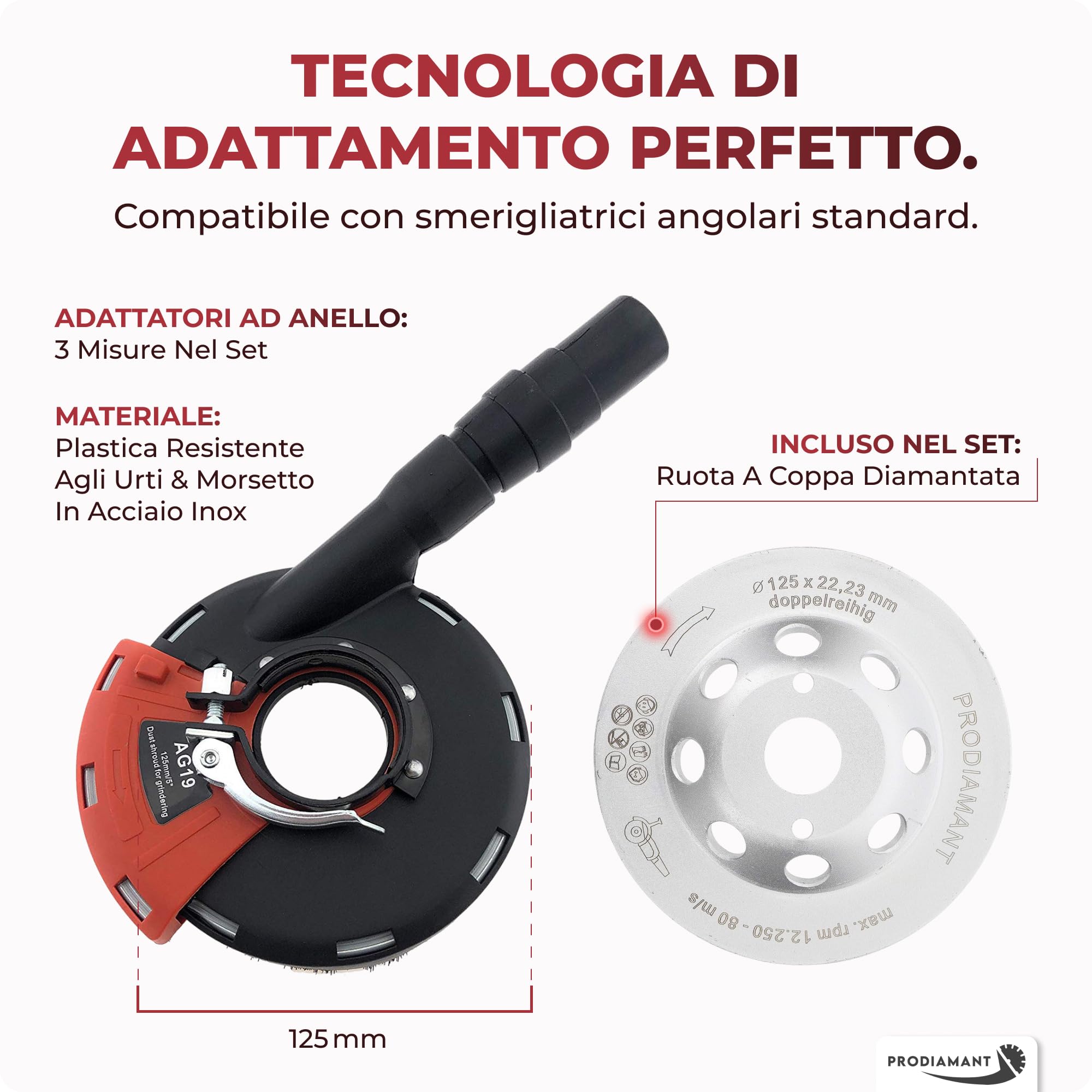 PRODIAMANT cofano di aspirazione mola a tazza 125mm per smerigliatrice angolare con disco diamantato da 125 mm in set