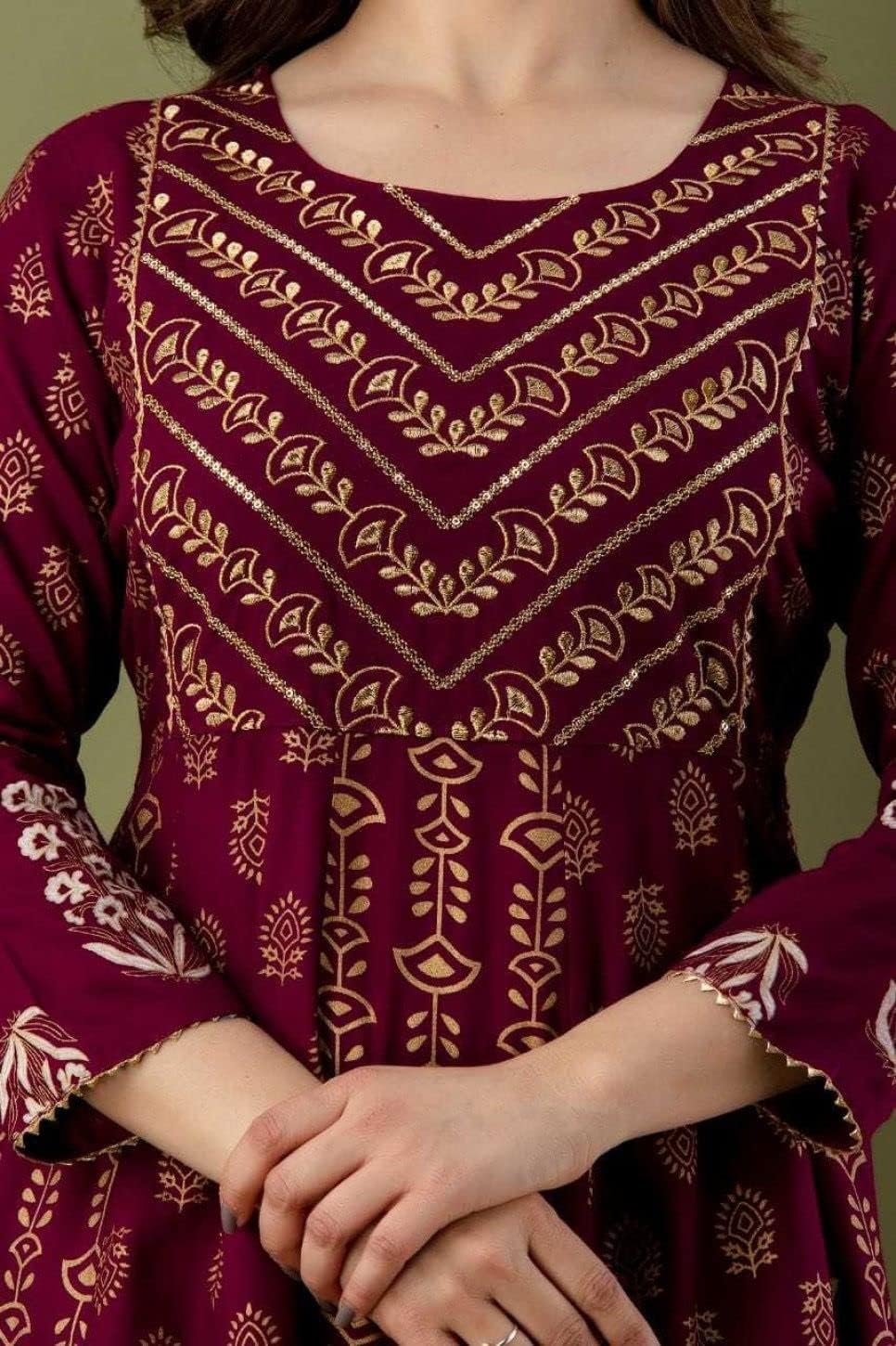 KUROCK Pakistani Kurti Sharara Set For Women's Rayon Mix Cotton Tunic Dupatta Set Indian Summer Dress (Wine)