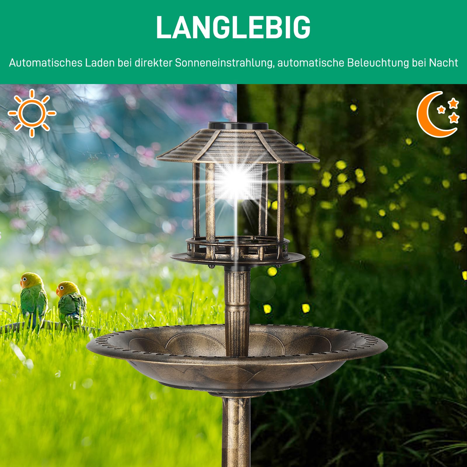 LEADZM Vogeltränke Stehend - Vogeltränke aus Starkes PP-Material, Vogelbad mit Solarleuchte, Blumenkübel & befüllbarem Ständer - Futterstation für Draußen Garten und Terrasse, 51 x 51 x 106 cm, Bronze